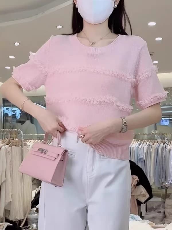 프릴 라운드 넥 반팔 니트 스웨터 여성 빅 사이즈 2026 여름 지방 mm 슈퍼 잘 생긴 Chic 아름다운 티셔츠 맨위 이미지 4