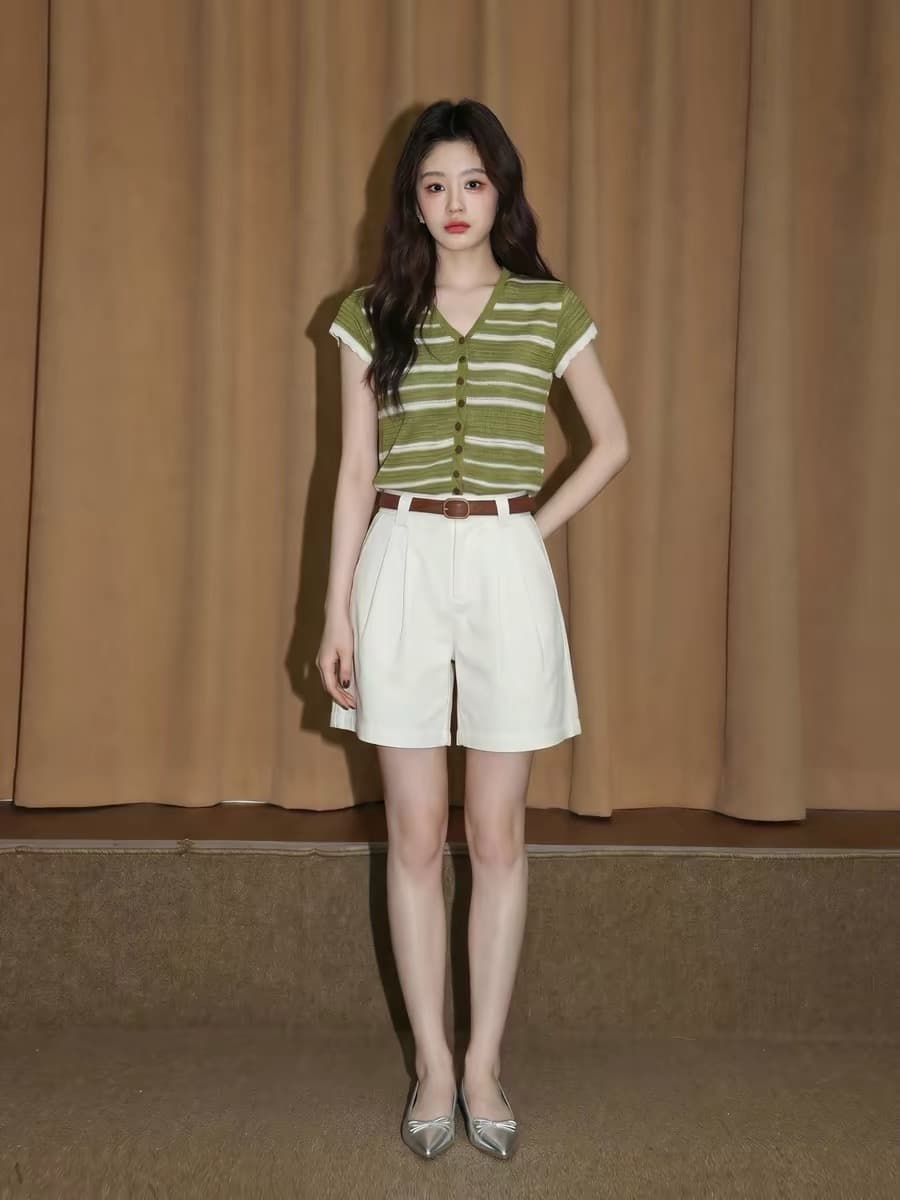 녹색 스트라이프 니트 반팔 티셔츠 여성 2026 여름 새로운 디자인 센스 배색 얼음 실크 오픈 가디건 얇은 스타일 맨위 상세 이미지 2