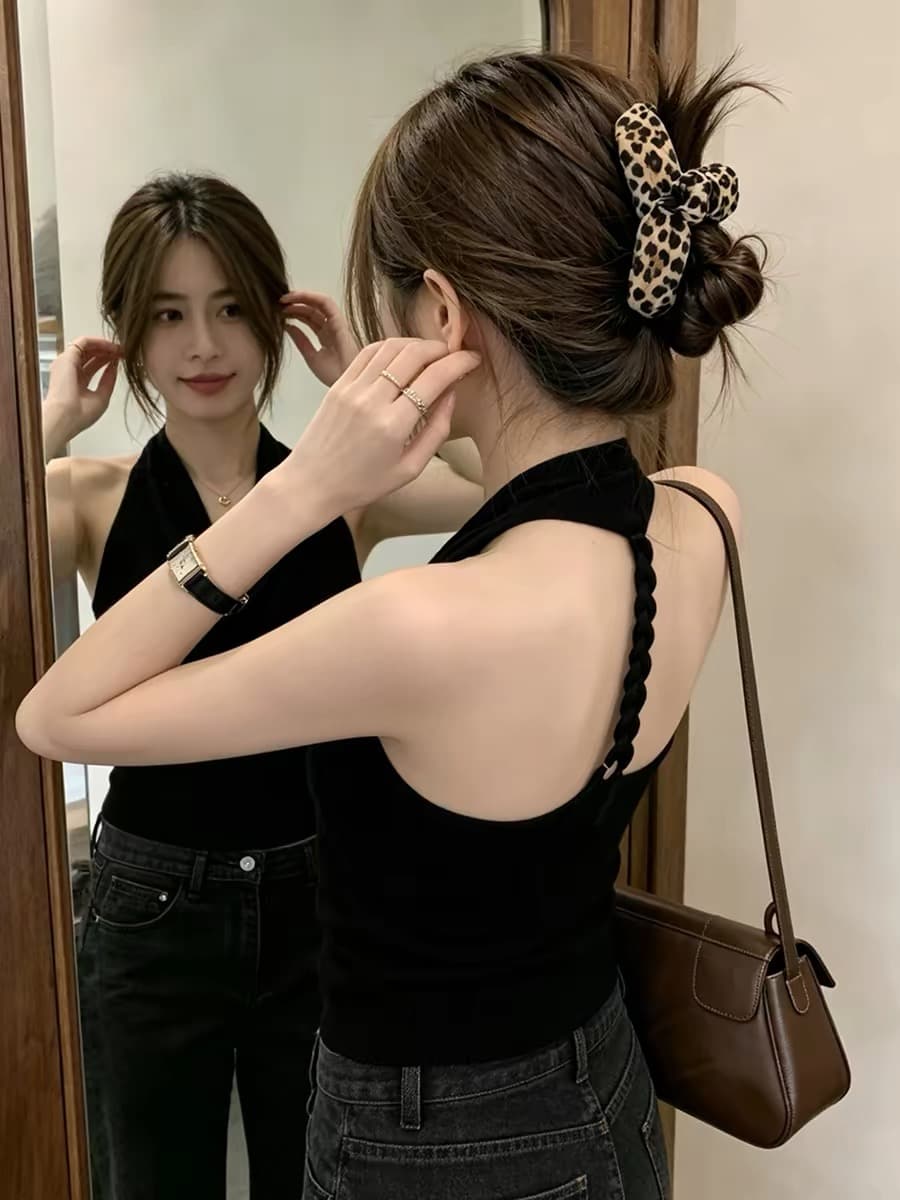 검정색 몸매 가꾸기 행침 목 레이스업 캐미솔 2026 여름 태국 아름다운 디자인 센스 해변가 휴가 맨위 상세 이미지 3