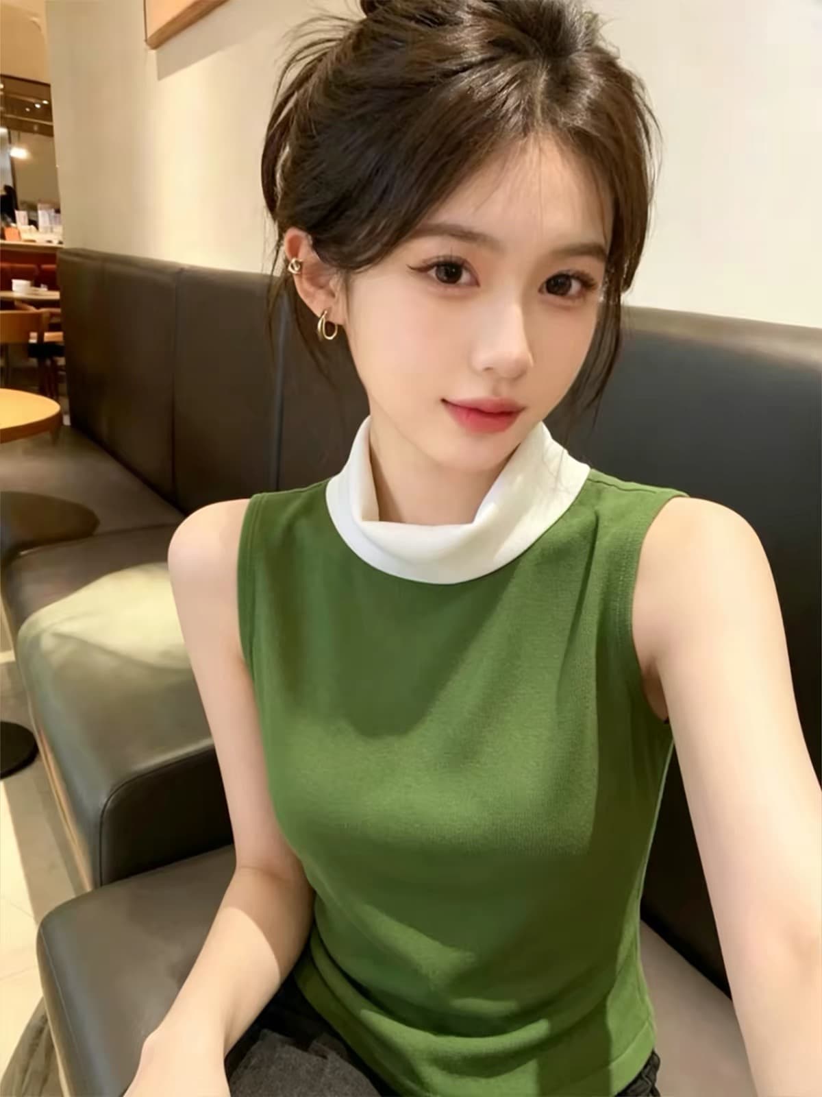 도파민 반하이넥 민소매 조끼 여성 여름 외출용 2026 새로운 Chic 몸매 가꾸기 다용도 녹색 니트 맨위 이미지 3
