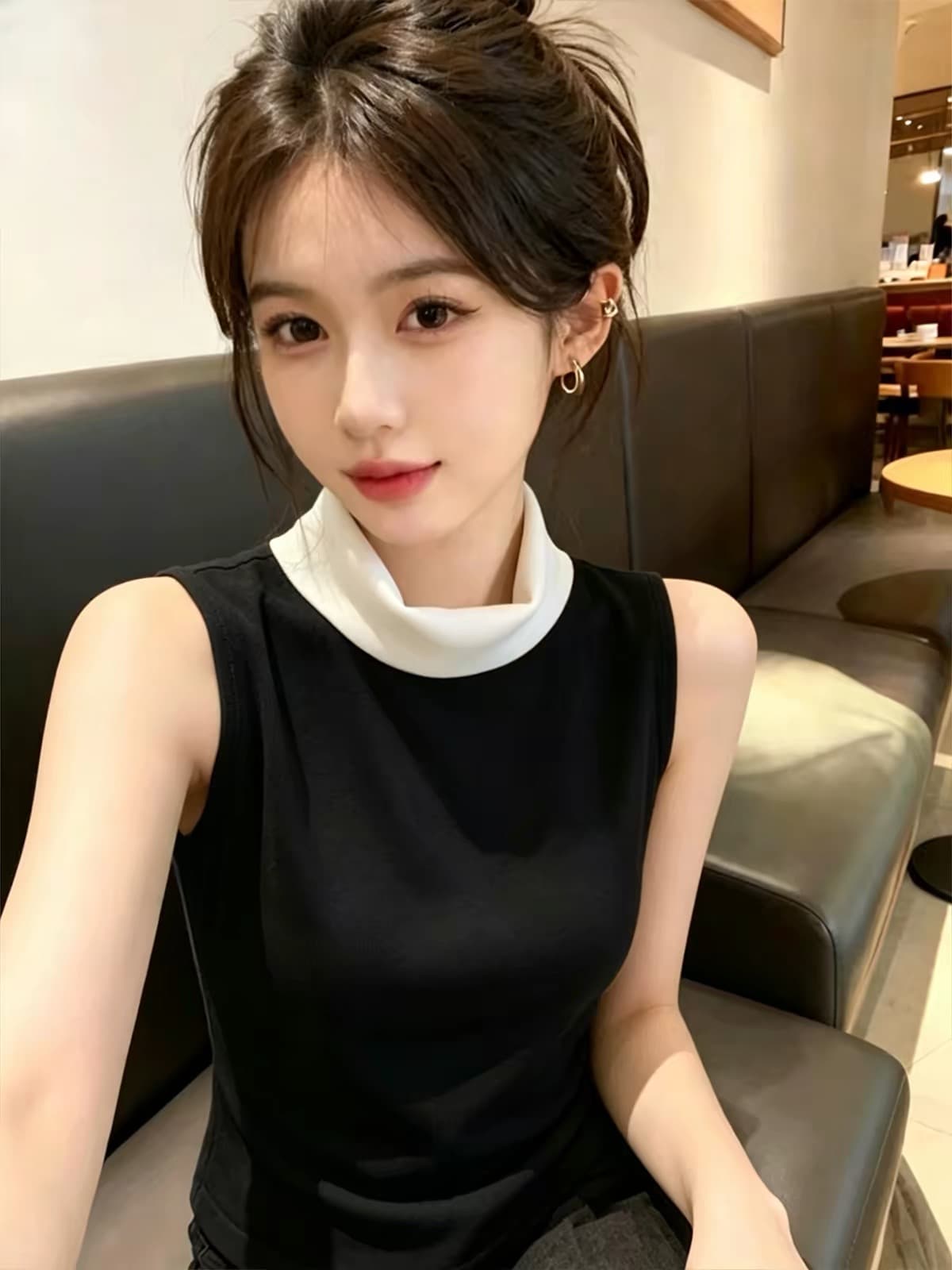 도파민 반하이넥 민소매 조끼 여성 여름 외출용 2026 새로운 Chic 몸매 가꾸기 다용도 녹색 니트 맨위