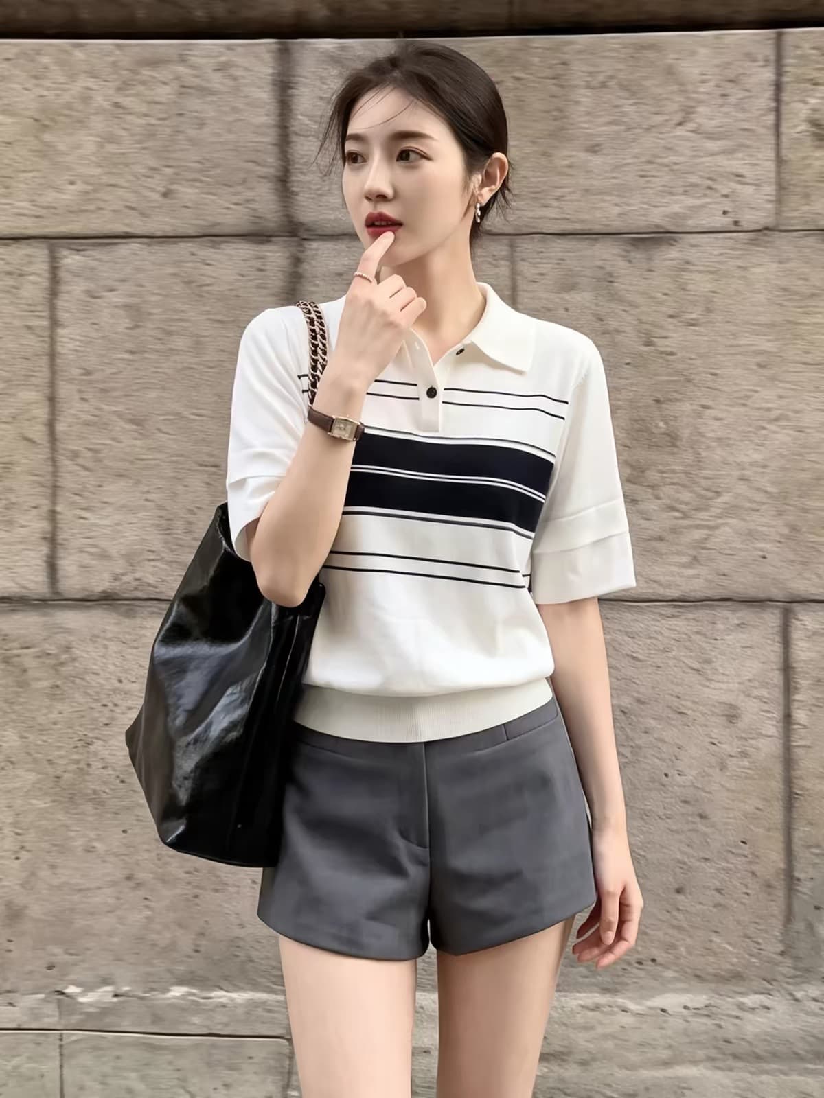 프랑스식 학원 스타일 스트라이프 POLO 칼라 반팔 티셔츠 여성 여름 몸매 가꾸기 쇼트 스타일 품격 긍정적 인 어깨 니트 스웨터 맨위
