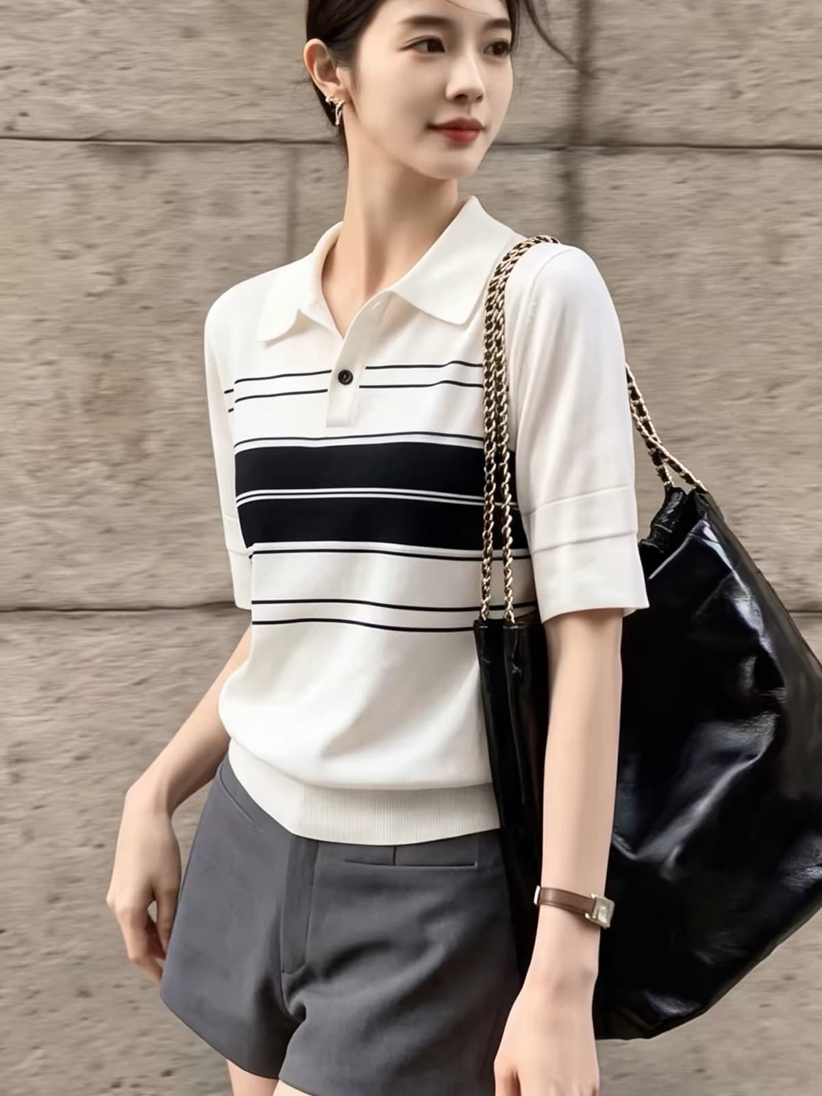 프랑스식 학원 스타일 스트라이프 POLO 칼라 반팔 티셔츠 여성 여름 몸매 가꾸기 쇼트 스타일 품격 긍정적 인 어깨 니트 스웨터 맨위 이미지 4