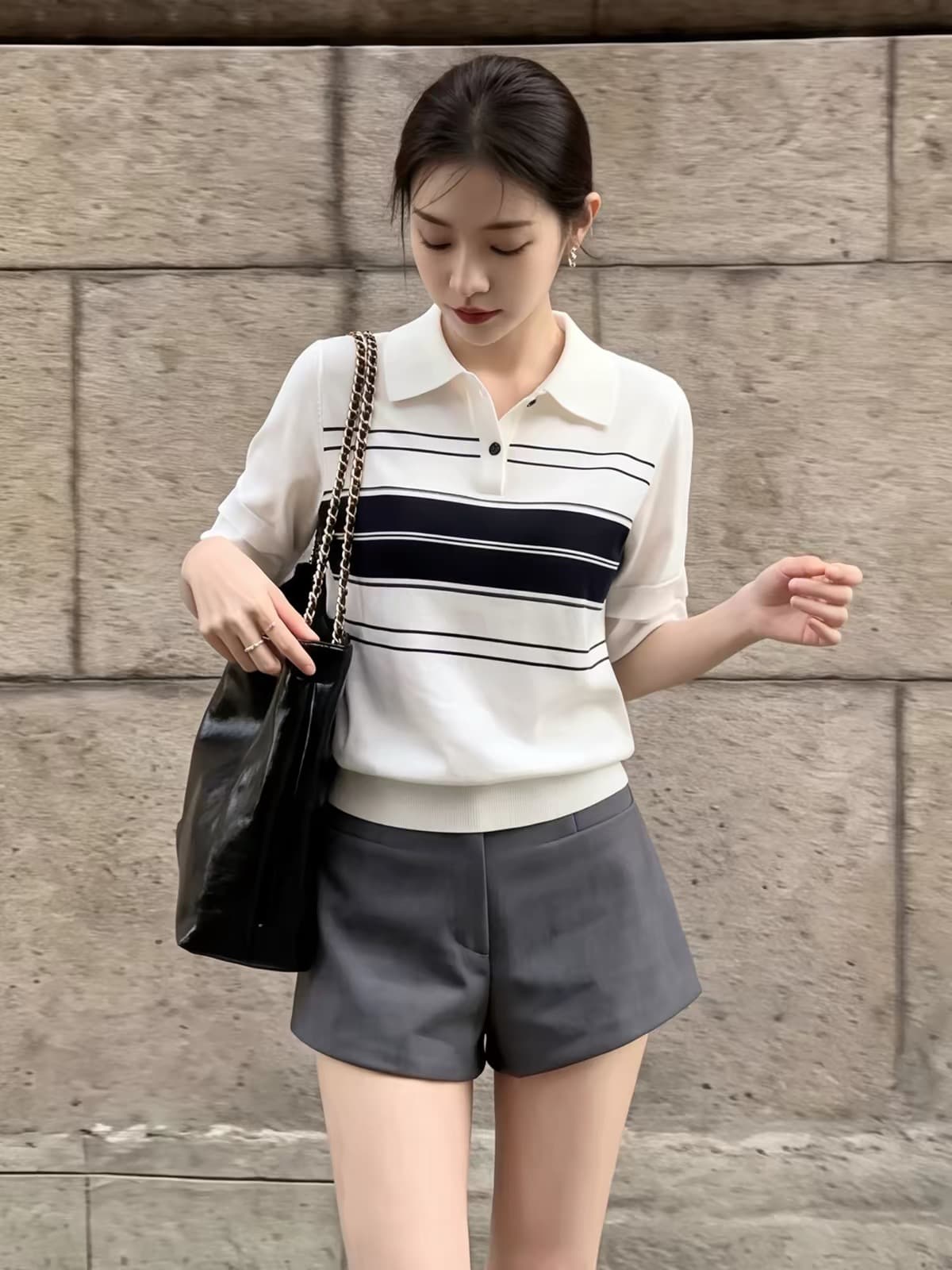 프랑스식 학원 스타일 스트라이프 POLO 칼라 반팔 티셔츠 여성 여름 몸매 가꾸기 쇼트 스타일 품격 긍정적 인 어깨 니트 스웨터 맨위 상세 이미지 3