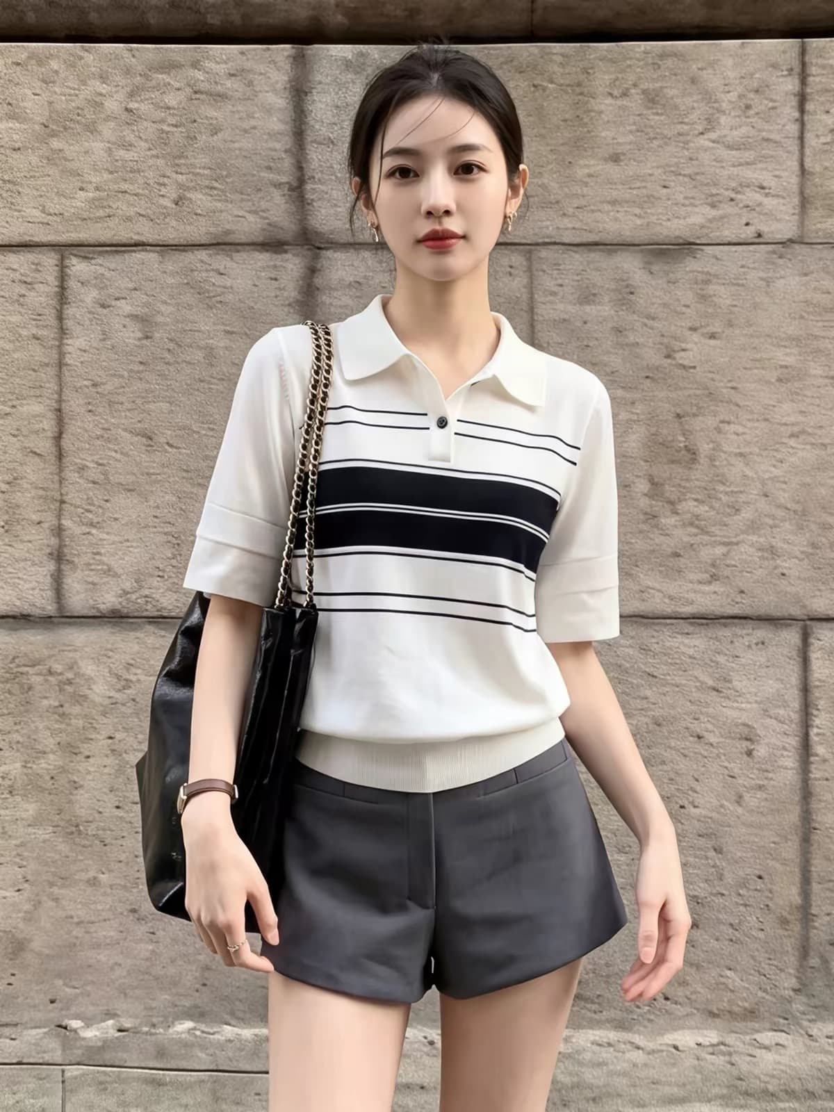 프랑스식 학원 스타일 스트라이프 POLO 칼라 반팔 티셔츠 여성 여름 몸매 가꾸기 쇼트 스타일 품격 긍정적 인 어깨 니트 스웨터 맨위 상세 이미지 4