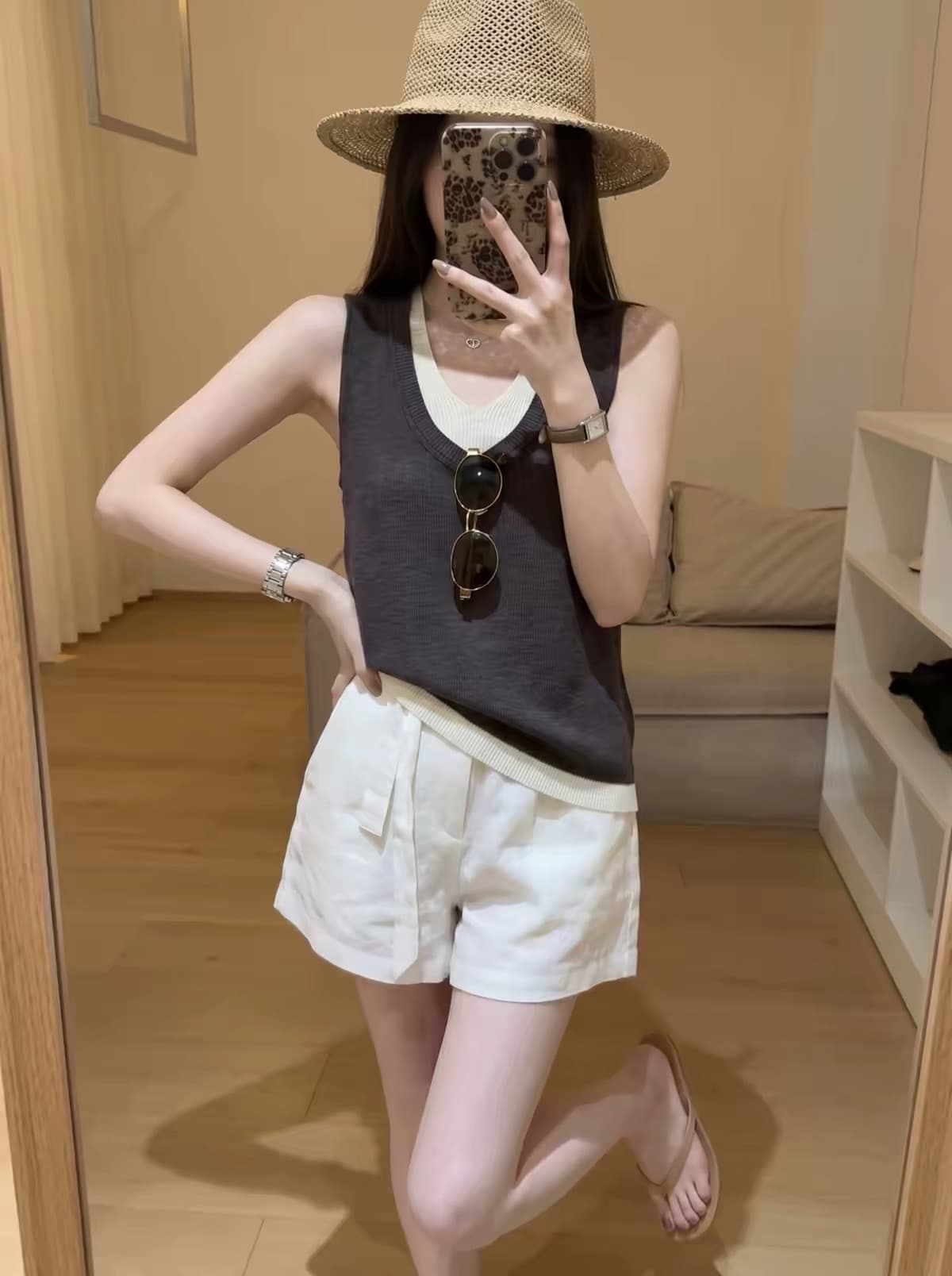 오래된 돈 바람 페이크 레이어드 패치워크 슬립 작은 조끼 여성 화이트 허리밴드 반바지 여름 그레이트 통해보기 가져 가라. 세트