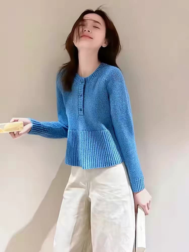작은 키 한 부서 파란색 반 개방 칼라 스웨터 여자 가을 겨울 레이스 밑단 인사이드 가져 가라. 만나는 두꺼운 니트 스웨터 맨위 상세 이미지 3