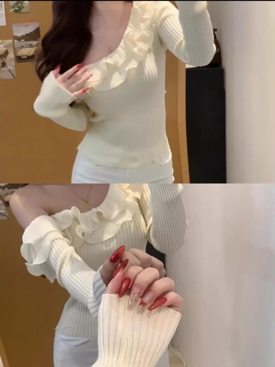 한 부서 천 금빛 바람 프릴 비스듬한 어깨 긴팔 니트 스웨터 맨위 여성 이른 봄 비싼 가스 화이트 오프숄더 품격 만나는 상세 이미지 2