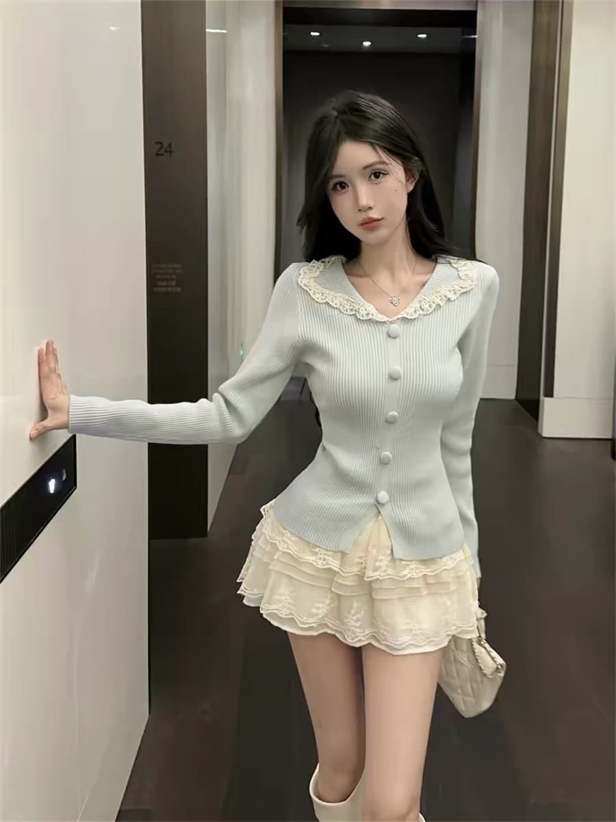 한 부서 chic 폴로 칼라 레이스 조각 기본 셔츠 맨위 여성 가을 겨울 새로운 몸매 가꾸기 슬림해 보이는 단추 니트 스웨터 이미지 3