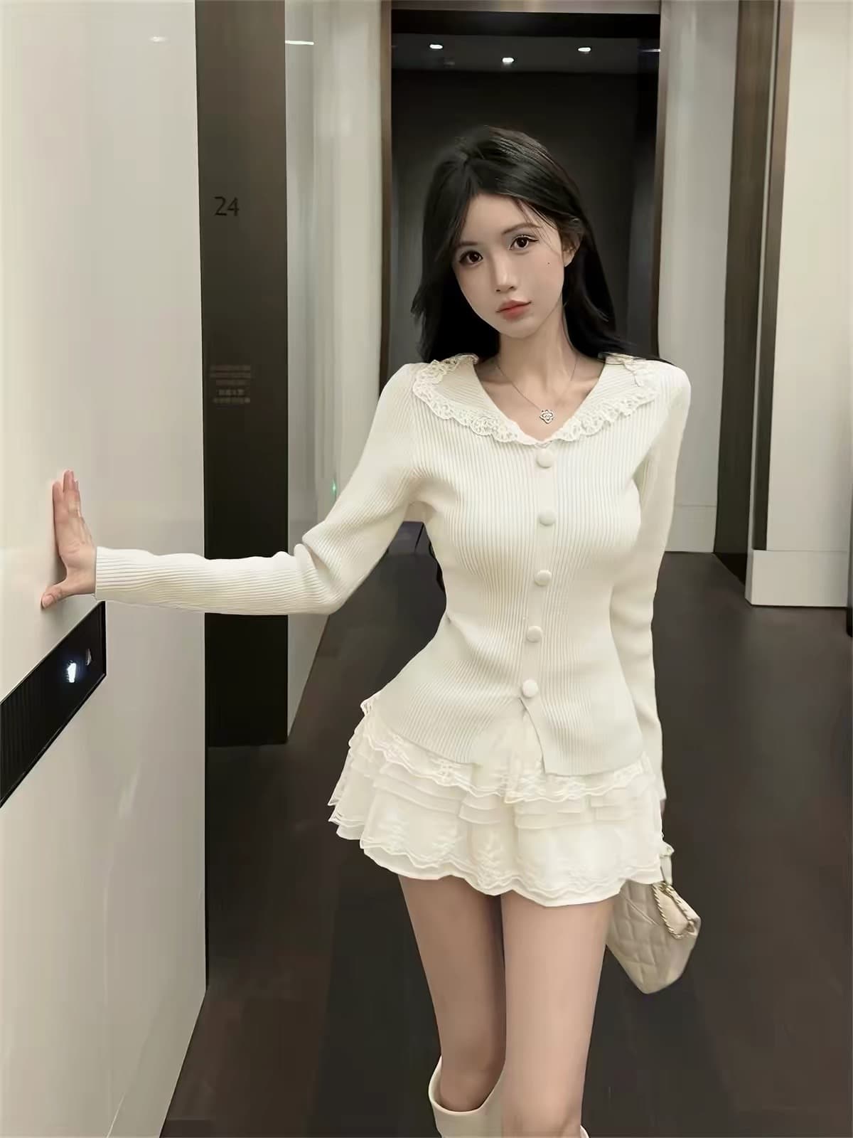 한 부서 chic 폴로 칼라 레이스 조각 기본 셔츠 맨위 여성 가을 겨울 새로운 몸매 가꾸기 슬림해 보이는 단추 니트 스웨터