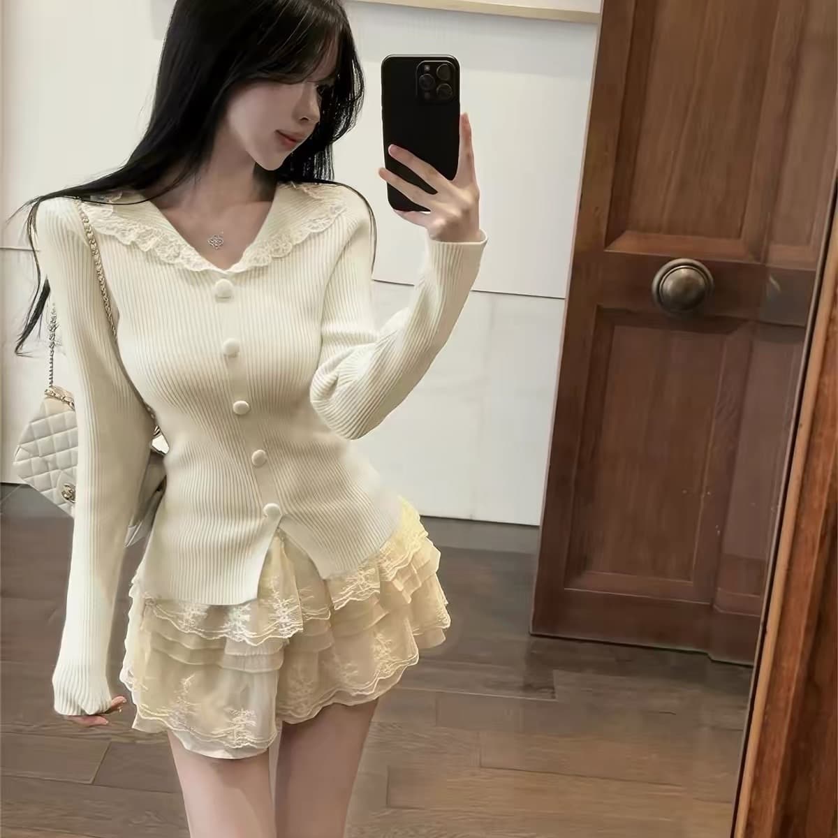 한 부서 chic 폴로 칼라 레이스 조각 기본 셔츠 맨위 여성 가을 겨울 새로운 몸매 가꾸기 슬림해 보이는 단추 니트 스웨터 이미지 5