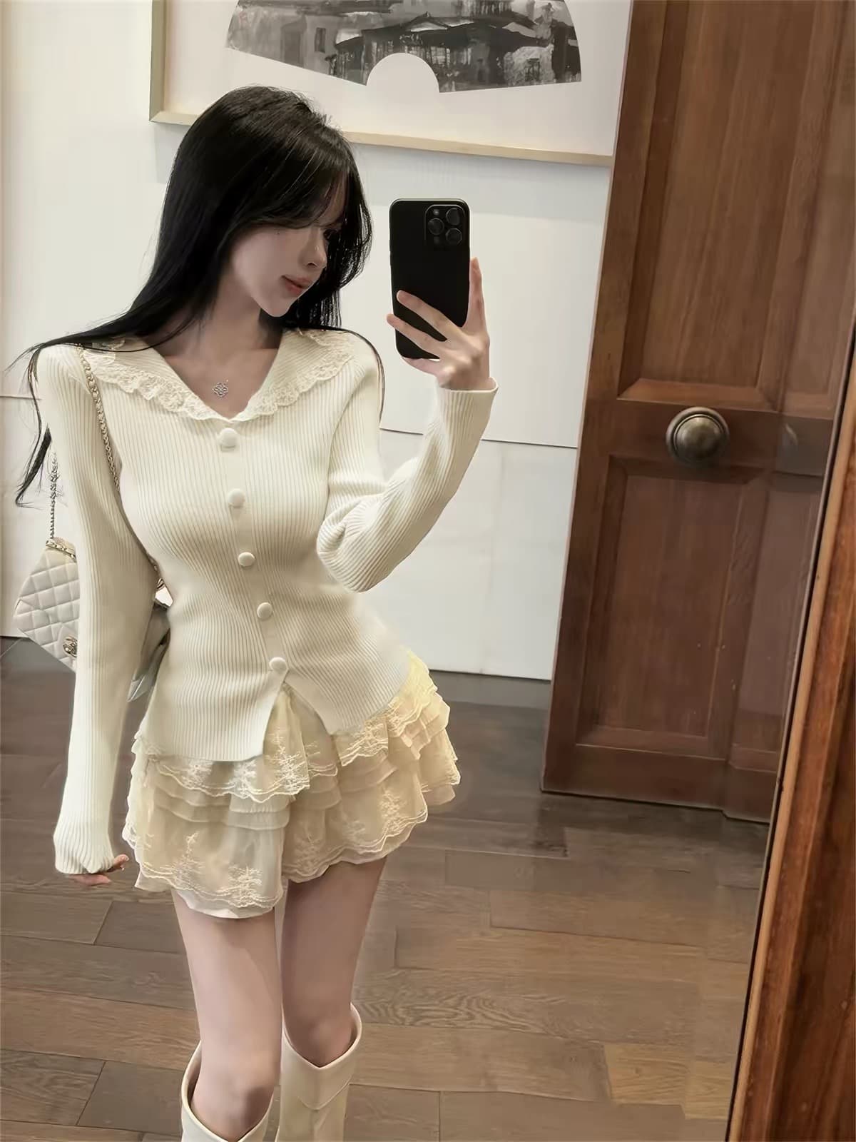 한 부서 chic 폴로 칼라 레이스 조각 기본 셔츠 맨위 여성 가을 겨울 새로운 몸매 가꾸기 슬림해 보이는 단추 니트 스웨터 상세 이미지 1