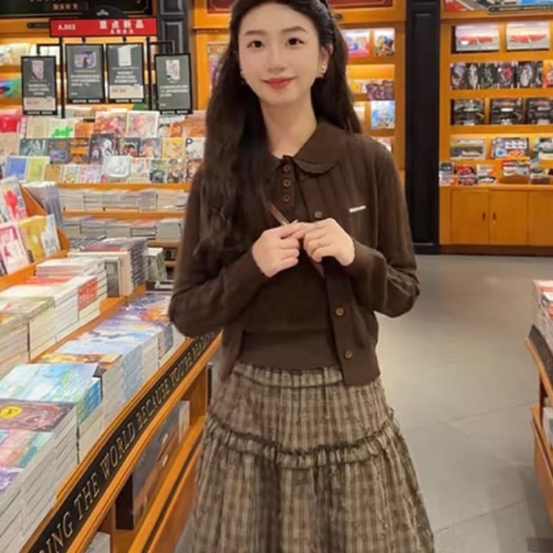 학원 스타일 품격 레트로 베이비 칼라 조끼 오픈 가디건 체크무늬 반 스커트 여성 의류 2026 가을 겨울 새로운 핫걸 세트 이미지 5