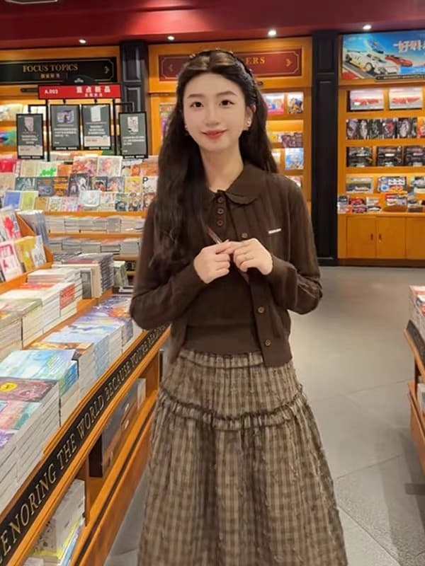 학원 스타일 품격 레트로 베이비 칼라 조끼 오픈 가디건 체크무늬 반 스커트 여성 의류 2026 가을 겨울 새로운 핫걸 세트 상세 이미지 6