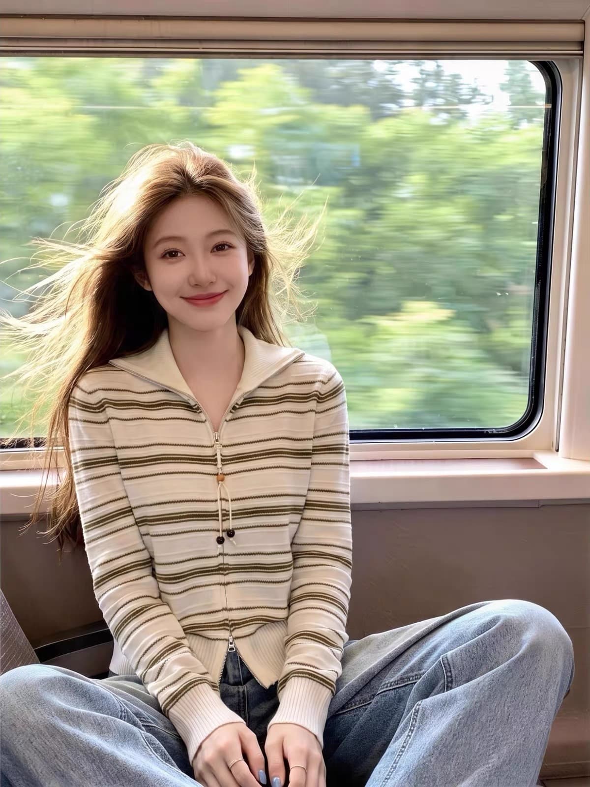 한 부서 느슨함 센스 스트라이프 스웨터 여자 이른 가을 빅 사이즈 지방 mm 폴로 칼라 양방향 지퍼 슬림해 보이는 쇼트 스타일 니트 재킷 이미지 4