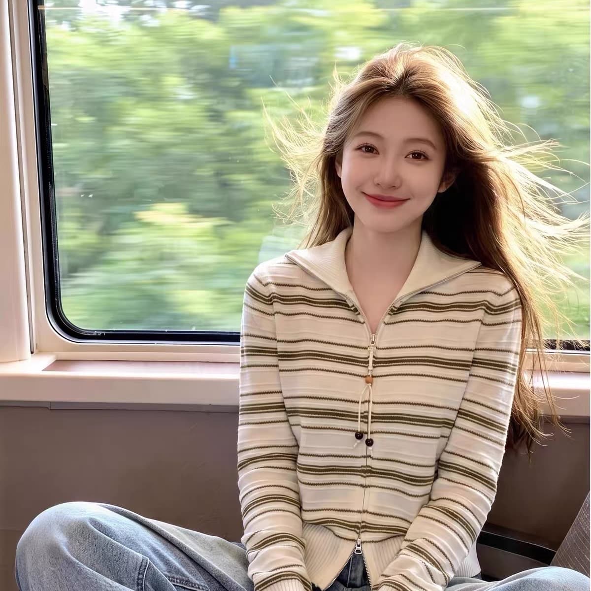 한 부서 느슨함 센스 스트라이프 스웨터 여자 이른 가을 빅 사이즈 지방 mm 폴로 칼라 양방향 지퍼 슬림해 보이는 쇼트 스타일 니트 재킷 이미지 5