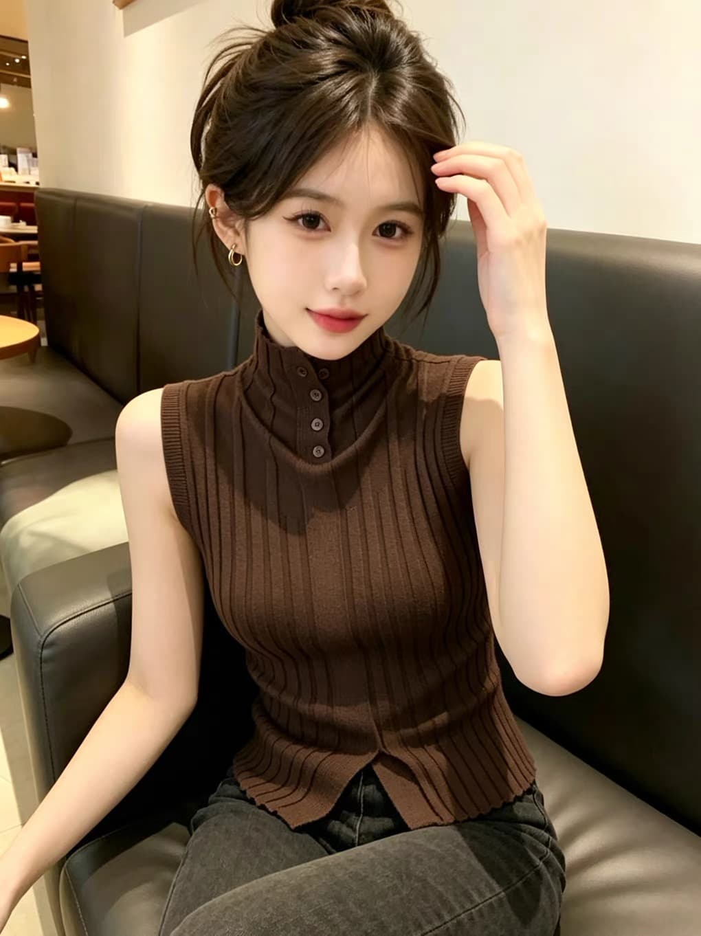 레트로 터틀넥 니트 조끼 여성 여름 외출용 몸매 가꾸기 디자인 센스 이른 가을 인사이드 가져 가라. 기본 셔츠 커피 색상 민소매 맨위 이미지 3