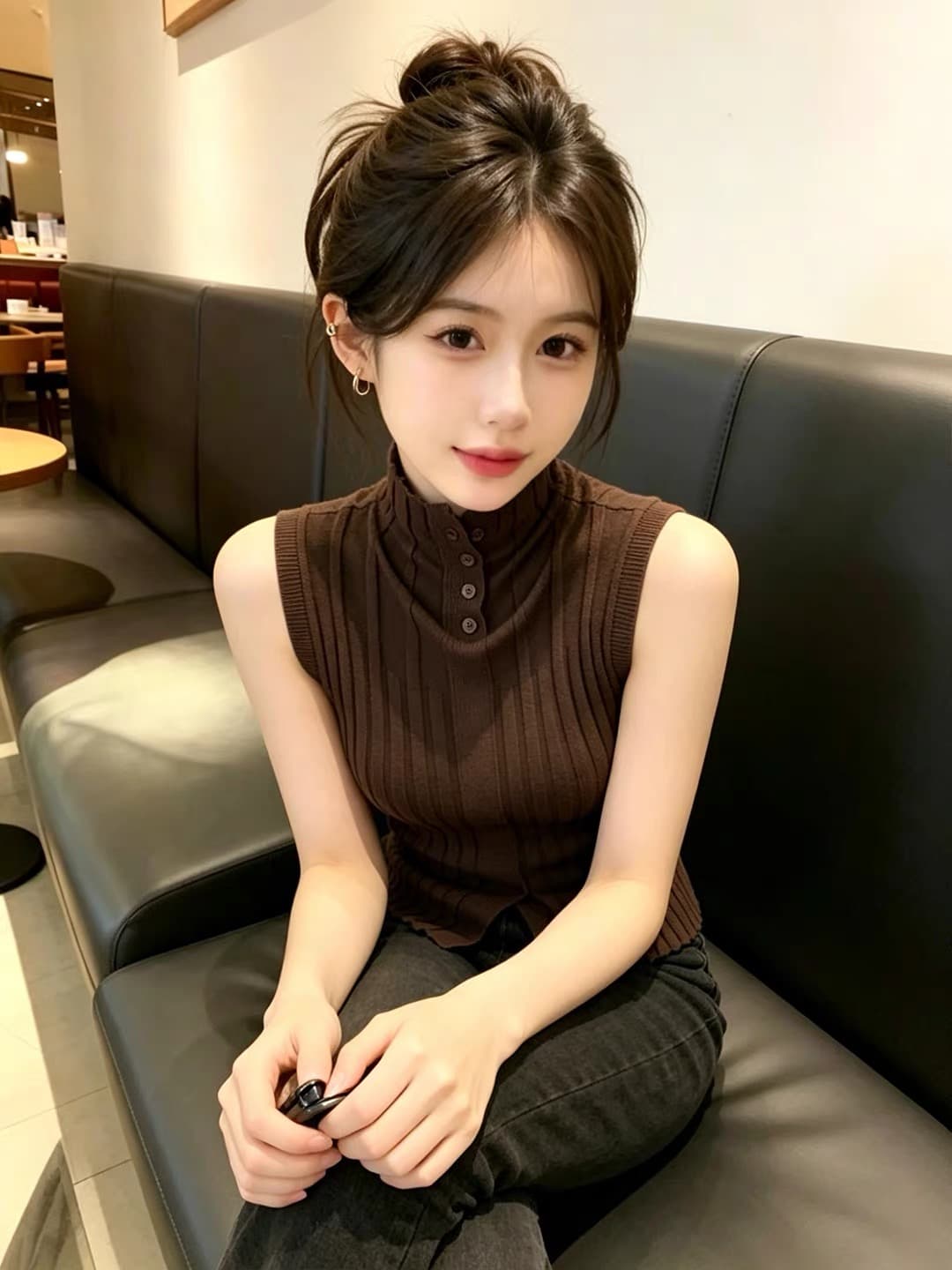 레트로 터틀넥 니트 조끼 여성 여름 외출용 몸매 가꾸기 디자인 센스 이른 가을 인사이드 가져 가라. 기본 셔츠 커피 색상 민소매 맨위 이미지 2