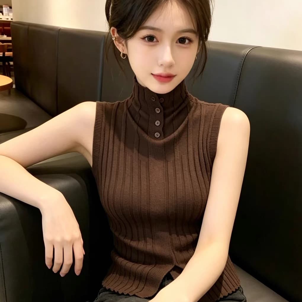 레트로 터틀넥 니트 조끼 여성 여름 외출용 몸매 가꾸기 디자인 센스 이른 가을 인사이드 가져 가라. 기본 셔츠 커피 색상 민소매 맨위 이미지 5
