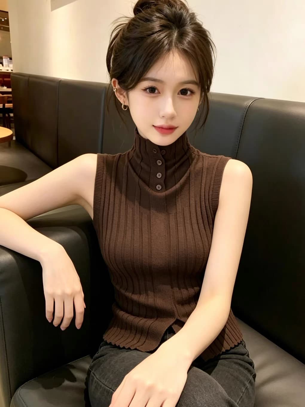 레트로 터틀넥 니트 조끼 여성 여름 외출용 몸매 가꾸기 디자인 센스 이른 가을 인사이드 가져 가라. 기본 셔츠 커피 색상 민소매 맨위 상세 이미지 5