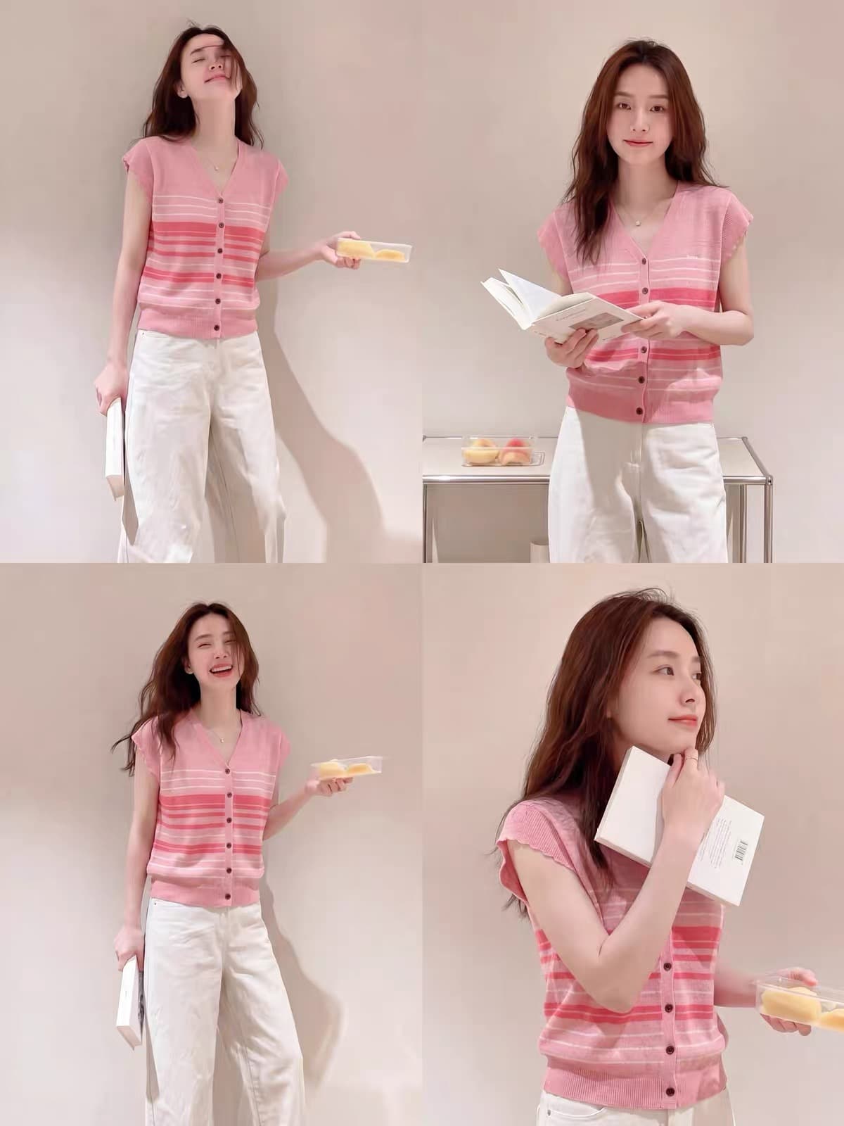 핑크색 한 부서 레트로 배색 스트라이프 V넥 작은 날다 소매 짠 셔츠 여성 여름 디자인 센스 루즈핏 빅 사이즈 맨위 상세 이미지 2
