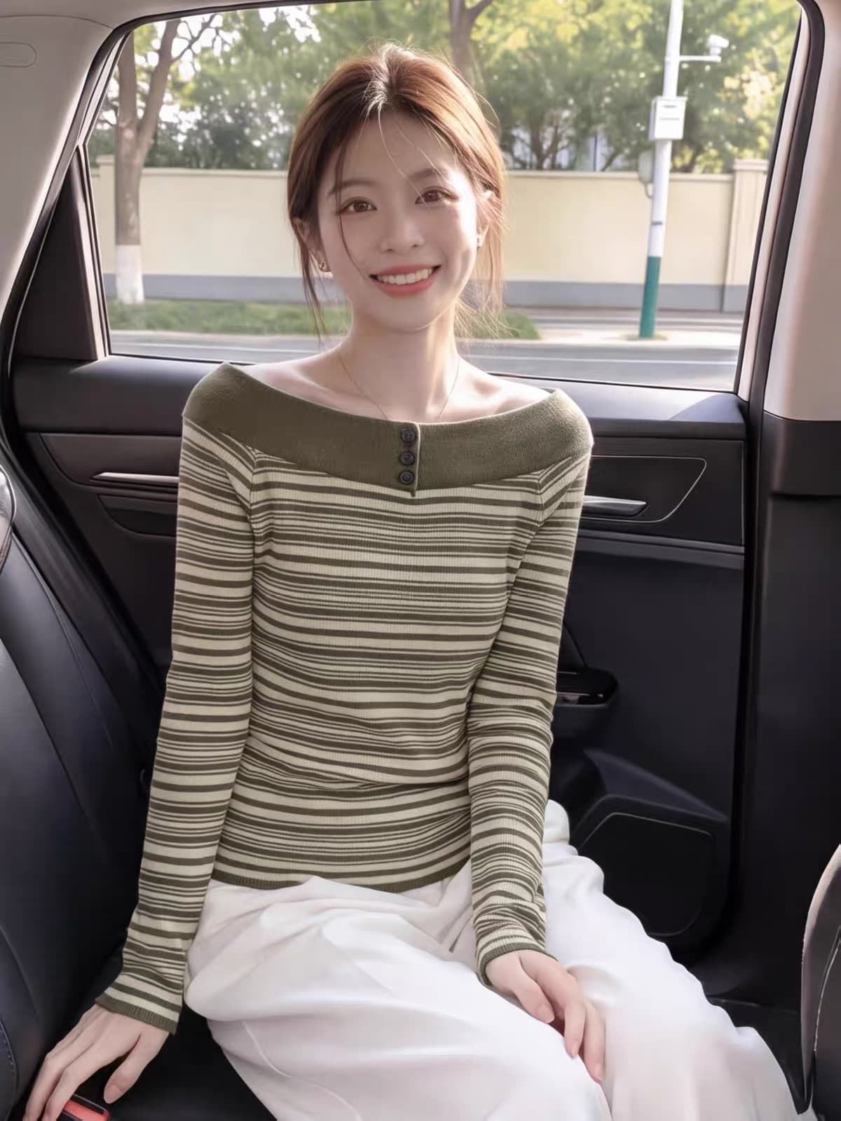 프랑스식 녹색 스트라이프 보트넥 오프숄더 긴팔 니트 스웨터 여성 가을 한 부서 고유 한 Chic 싱글 줄 버튼 스웨터 이미지 3