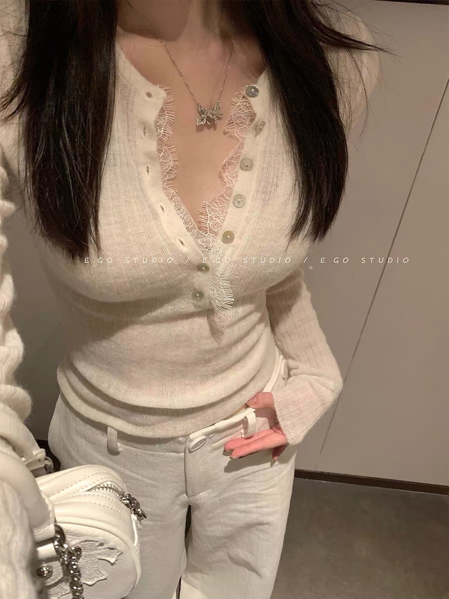 순수한 욕망 레이스 V넥 검정색 기본 셔츠 여성 봄 가을 한 부서 작은 샤넬 스타일 몸매 가꾸기 슬림해 보이는 니트 스웨터 인사이드 잡아라. 의류 이미지 2