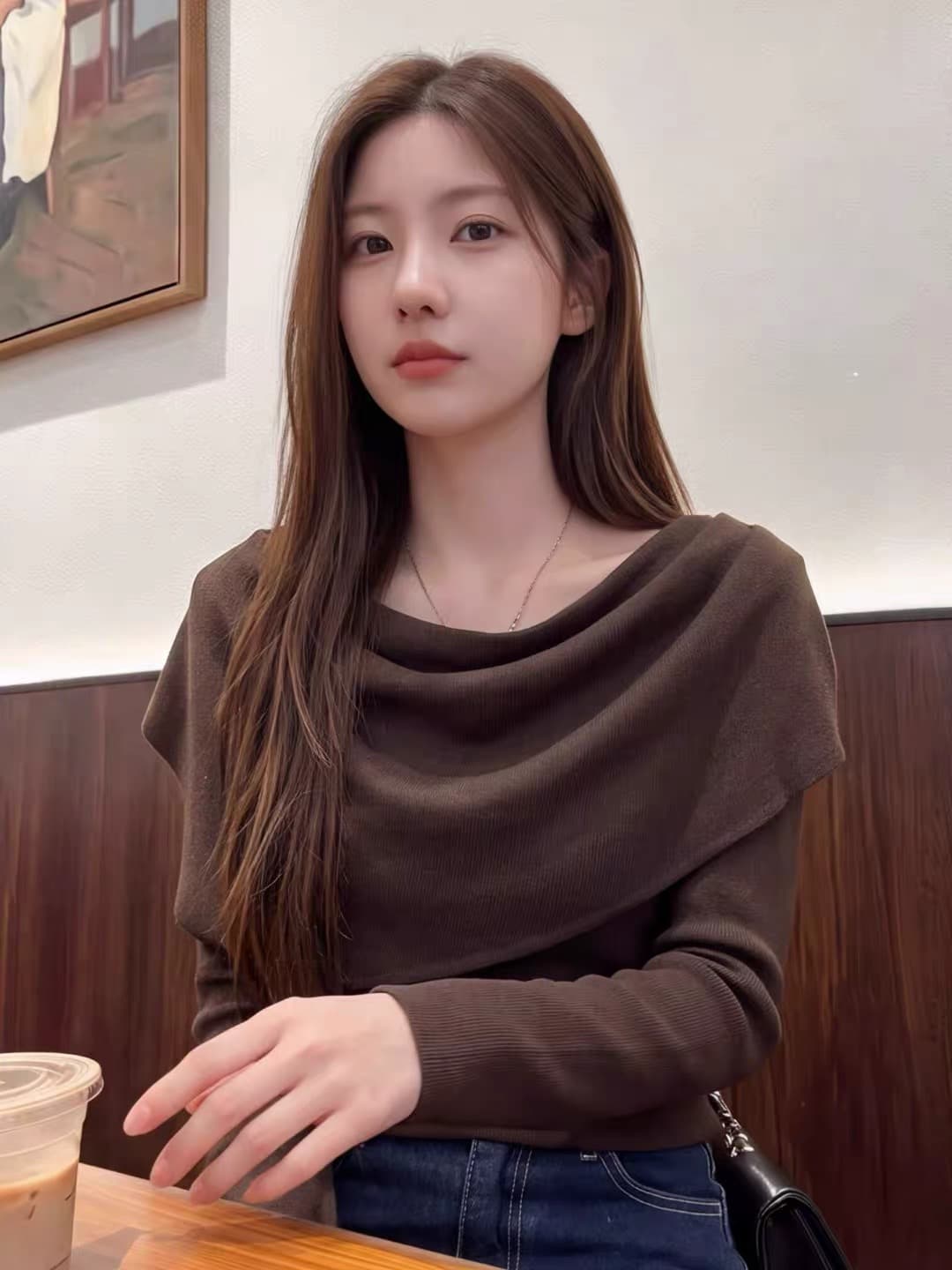 커피 색상 흔들다 칼라 숄 긴팔 니트 스웨터 두 조각 여성 세트 가을 고유 한 아름다운 자이언트 잘 생긴 아름다운 몸매 가꾸기 맨위
