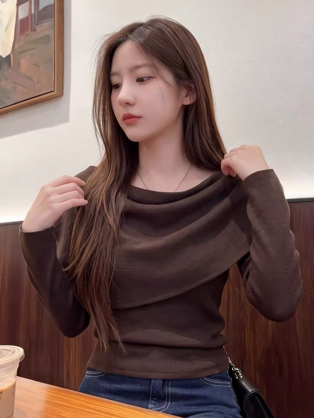 커피 색상 흔들다 칼라 숄 긴팔 니트 스웨터 두 조각 여성 세트 가을 고유 한 아름다운 자이언트 잘 생긴 아름다운 몸매 가꾸기 맨위 이미지 2