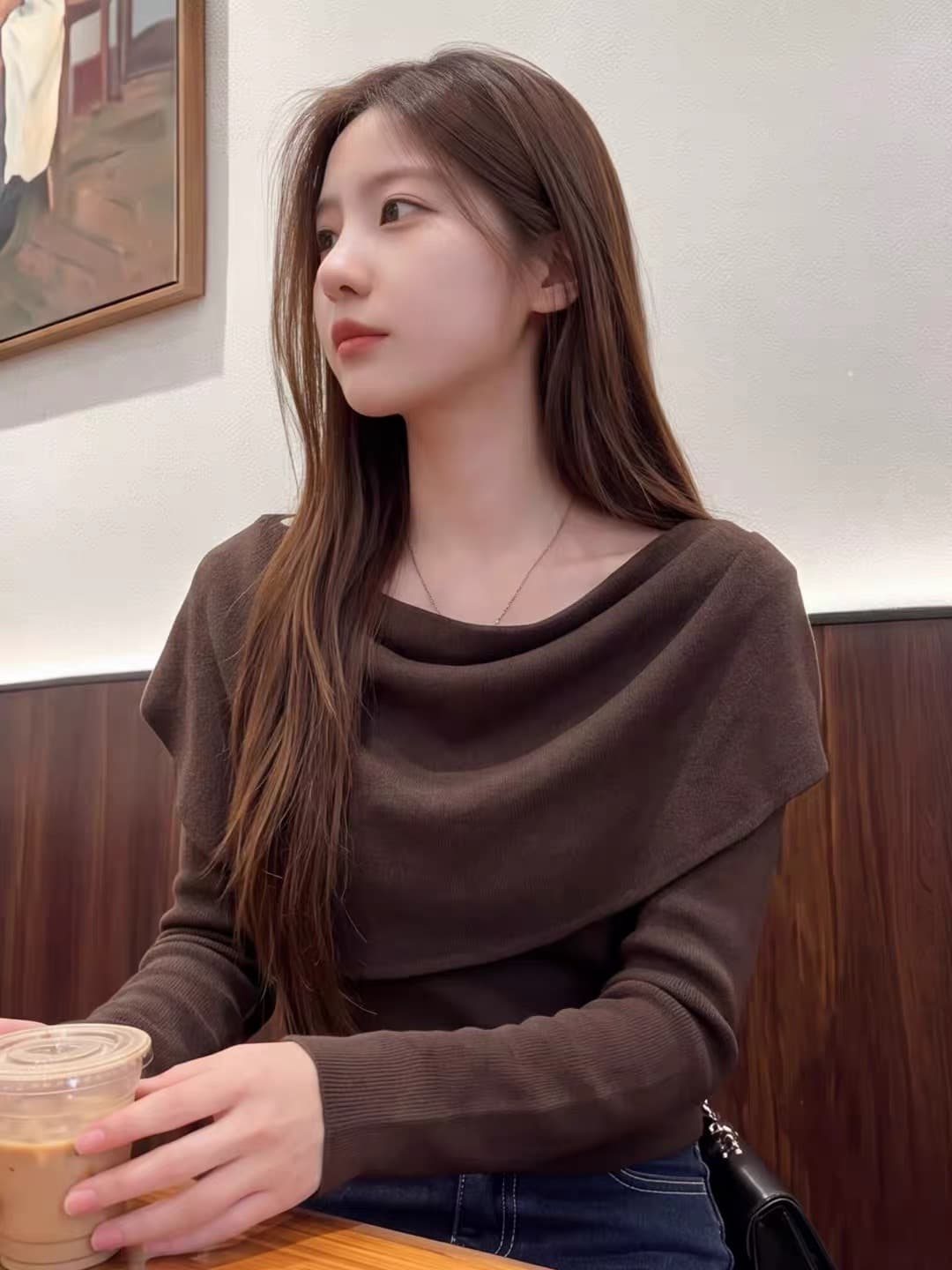 커피 색상 흔들다 칼라 숄 긴팔 니트 스웨터 두 조각 여성 세트 가을 고유 한 아름다운 자이언트 잘 생긴 아름다운 몸매 가꾸기 맨위 이미지 4