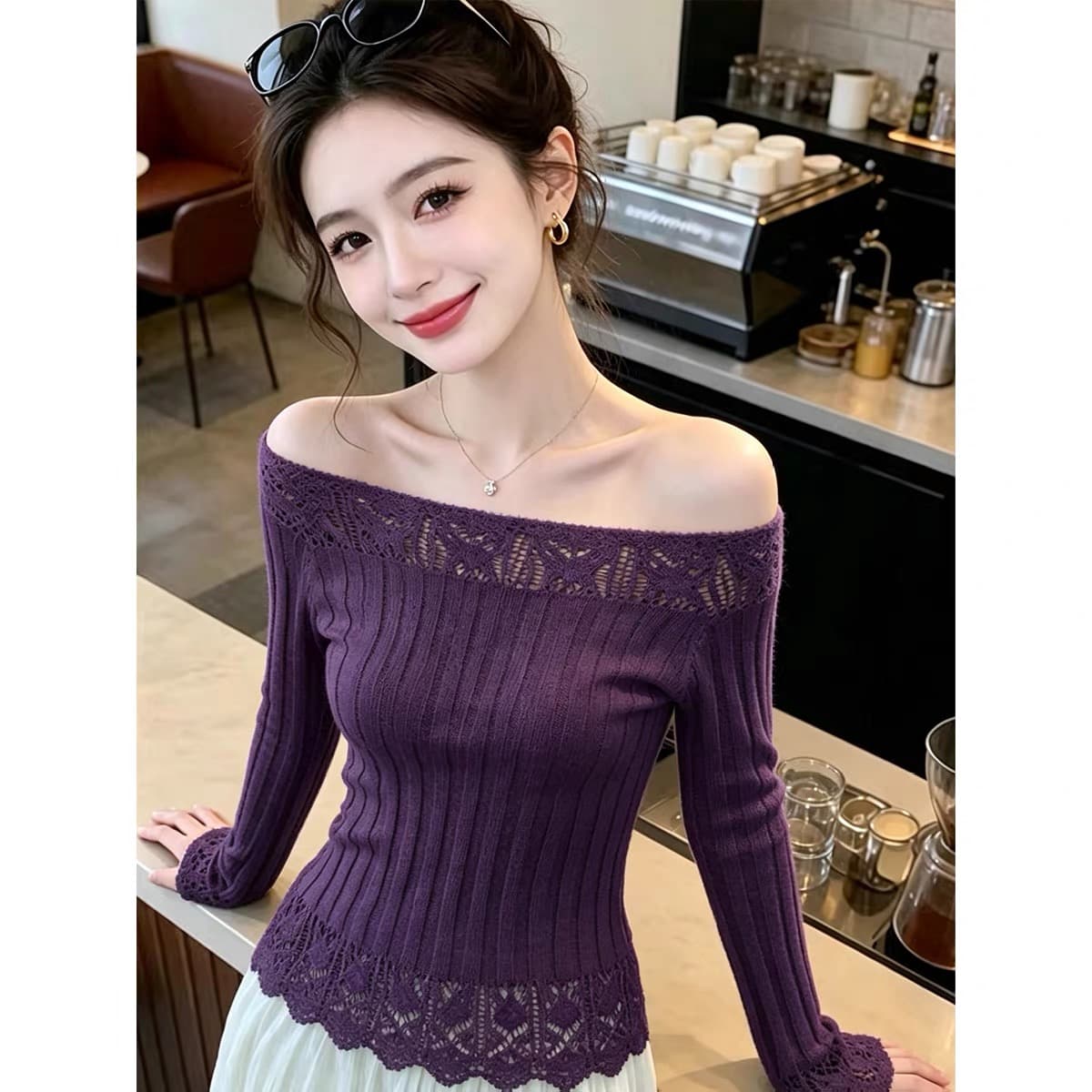 프랑스식 부드러운 바람 홀로우 아웃 레이스 긴팔 니트 스웨터 여성 가을 새로운 저항 스트라이프 몸매 가꾸기 슬림해 보이는 기본 셔츠 트렌디 상세 이미지 1