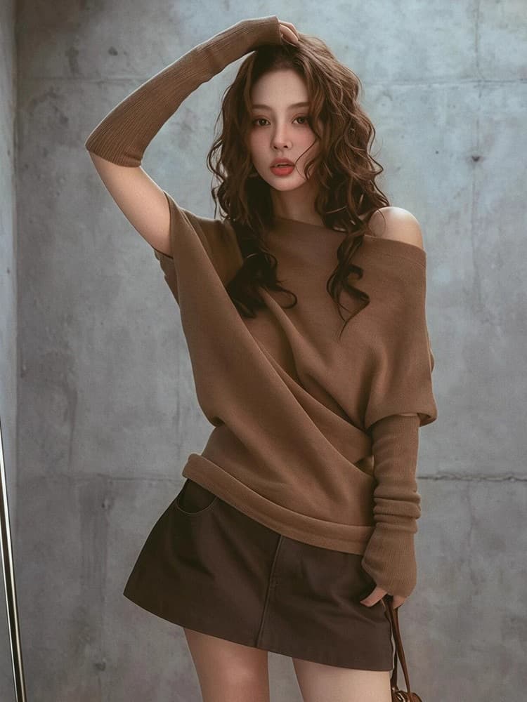 보트넥 비스듬한 어깨 이슬 쇄골 몸매 가꾸기 기본 셔츠 여성 가을 겨울철 인사이드 가져 가라. 만나는 경기 소매 커버 니트 긴 소매 맨위 이미지 2