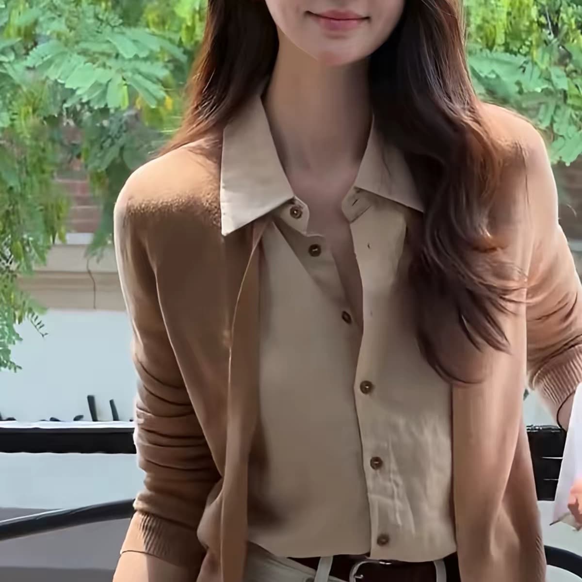 한 부서 chic 카키 색 페이크 레이어드 긴팔 니트 스웨터 여성 가을 고유 한 아름다운 자이언트 잘 생긴 폴로 칼라 작은 맨위 이미지 5