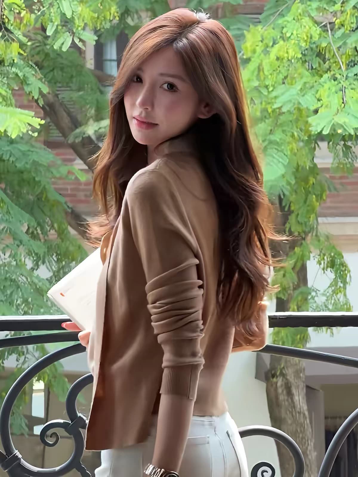 한 부서 chic 카키 색 페이크 레이어드 긴팔 니트 스웨터 여성 가을 고유 한 아름다운 자이언트 잘 생긴 폴로 칼라 작은 맨위 상세 이미지 2