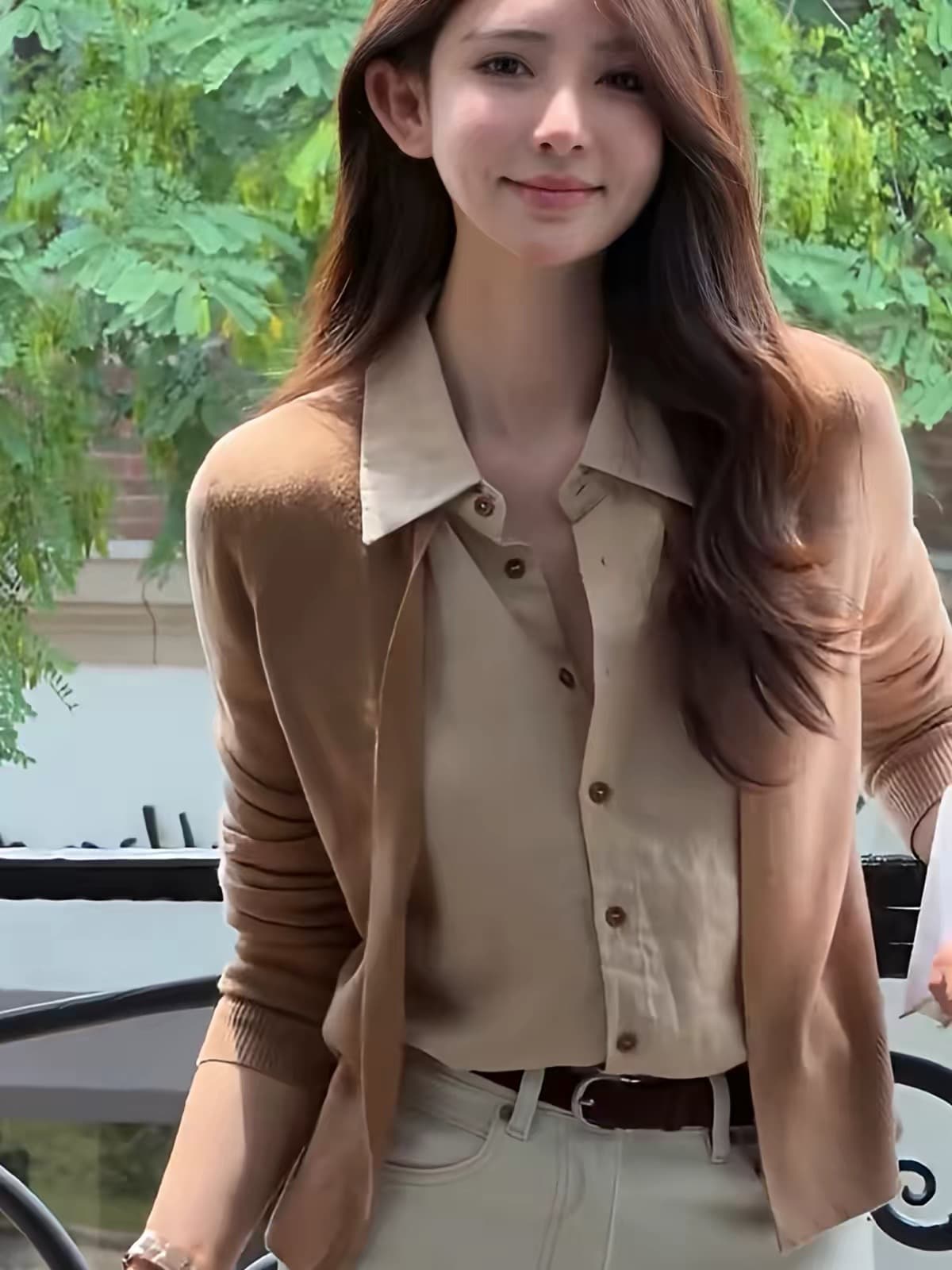 한 부서 chic 카키 색 페이크 레이어드 긴팔 니트 스웨터 여성 가을 고유 한 아름다운 자이언트 잘 생긴 폴로 칼라 작은 맨위 상세 이미지 3