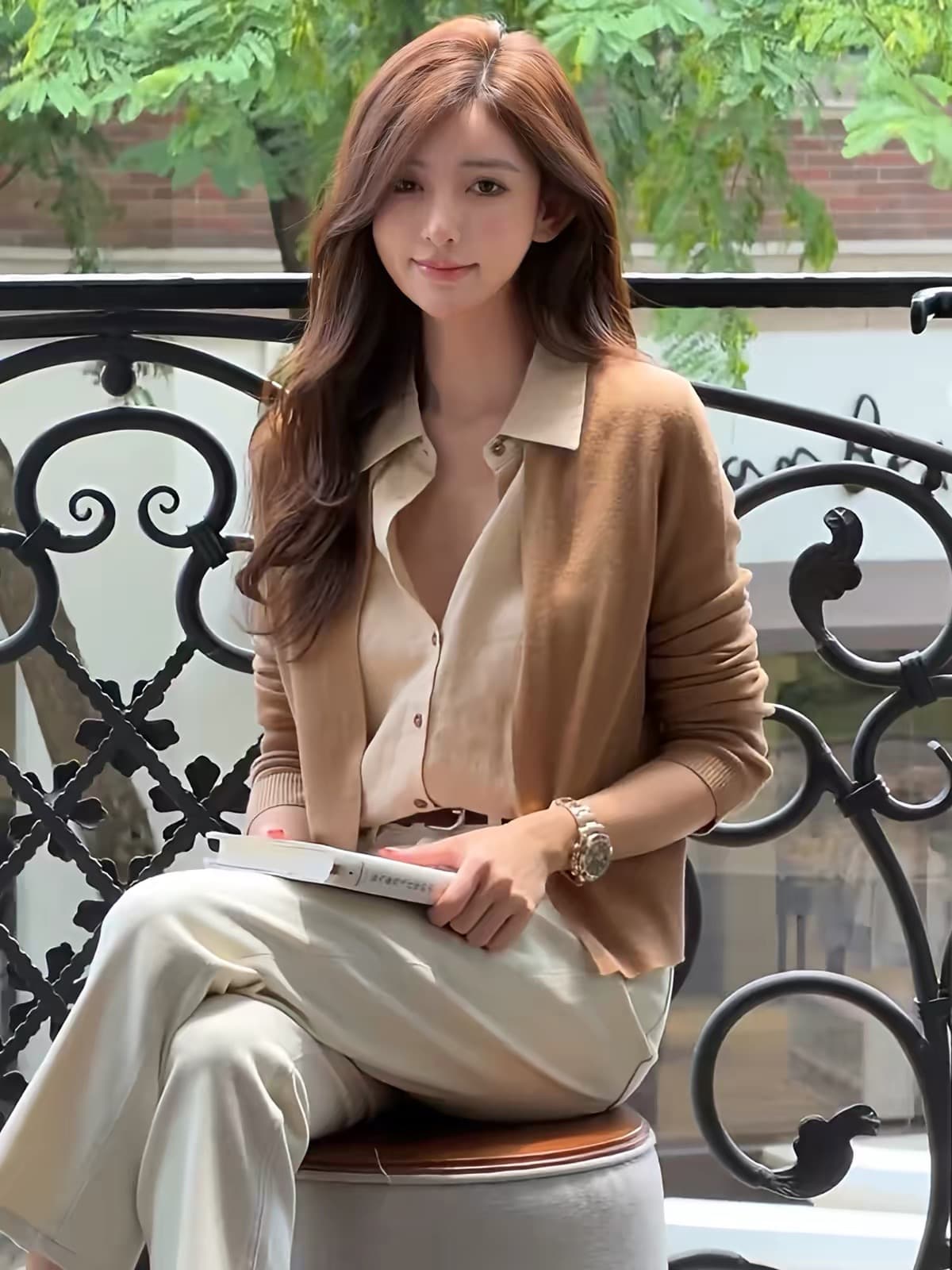 한 부서 chic 카키 색 페이크 레이어드 긴팔 니트 스웨터 여성 가을 고유 한 아름다운 자이언트 잘 생긴 폴로 칼라 작은 맨위 상세 이미지 5