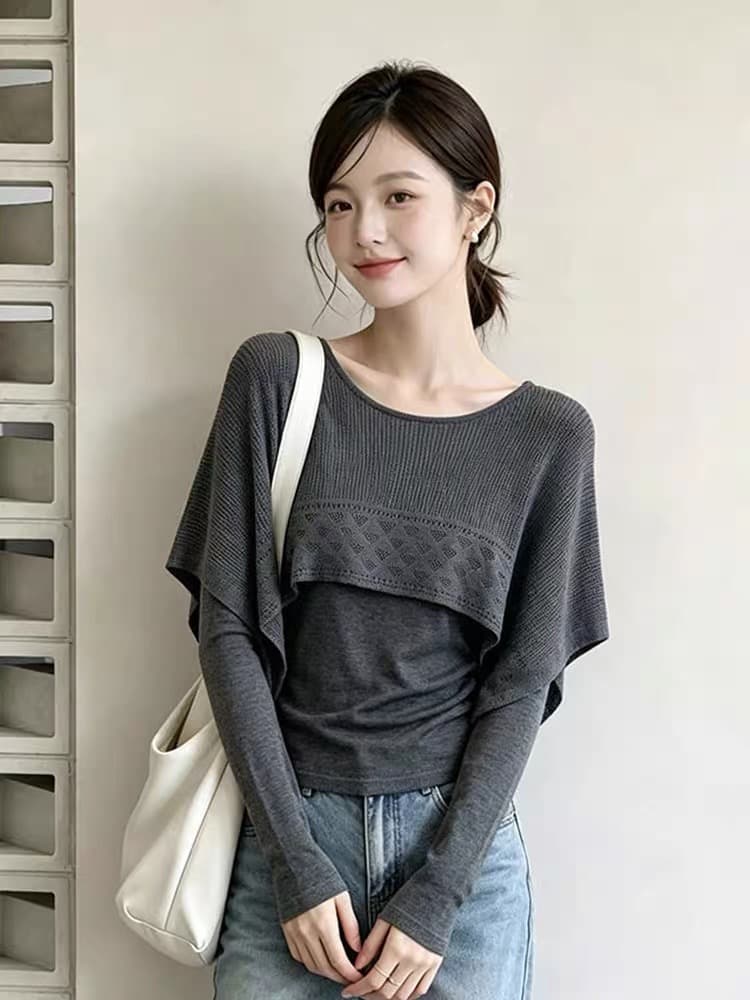 프랑스식 홀로우 아웃 프릴 라운드 넥 긴팔 니트 스웨터 여성 2026 가을 새로운 슬림해 보이는 연령 감소 페이크 레이어드 맨위 이미지 3