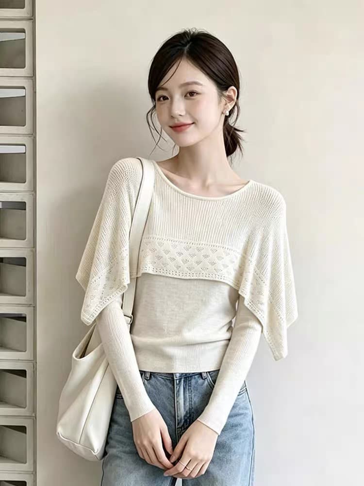 프랑스식 홀로우 아웃 프릴 라운드 넥 긴팔 니트 스웨터 여성 2026 가을 새로운 슬림해 보이는 연령 감소 페이크 레이어드 맨위 상세 이미지 2