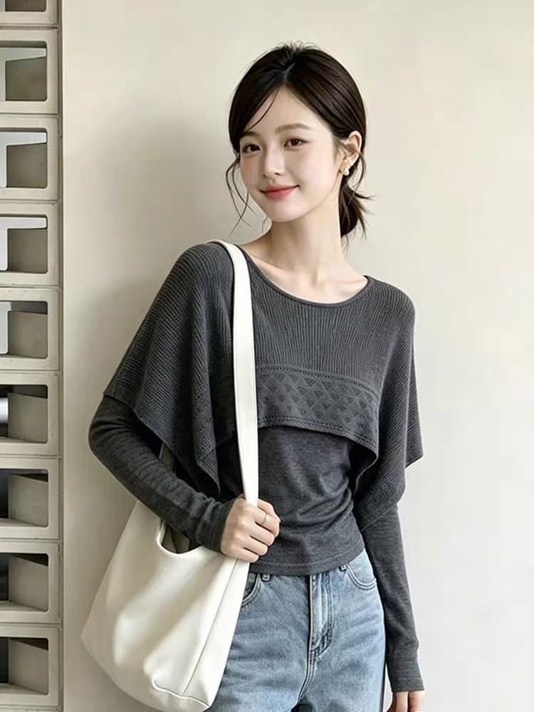 프랑스식 홀로우 아웃 프릴 라운드 넥 긴팔 니트 스웨터 여성 2026 가을 새로운 슬림해 보이는 연령 감소 페이크 레이어드 맨위 상세 이미지 4