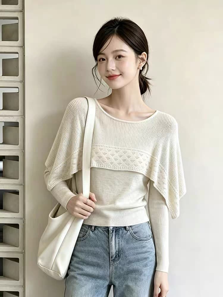 프랑스식 홀로우 아웃 프릴 라운드 넥 긴팔 니트 스웨터 여성 2026 가을 새로운 슬림해 보이는 연령 감소 페이크 레이어드 맨위 상세 이미지 5