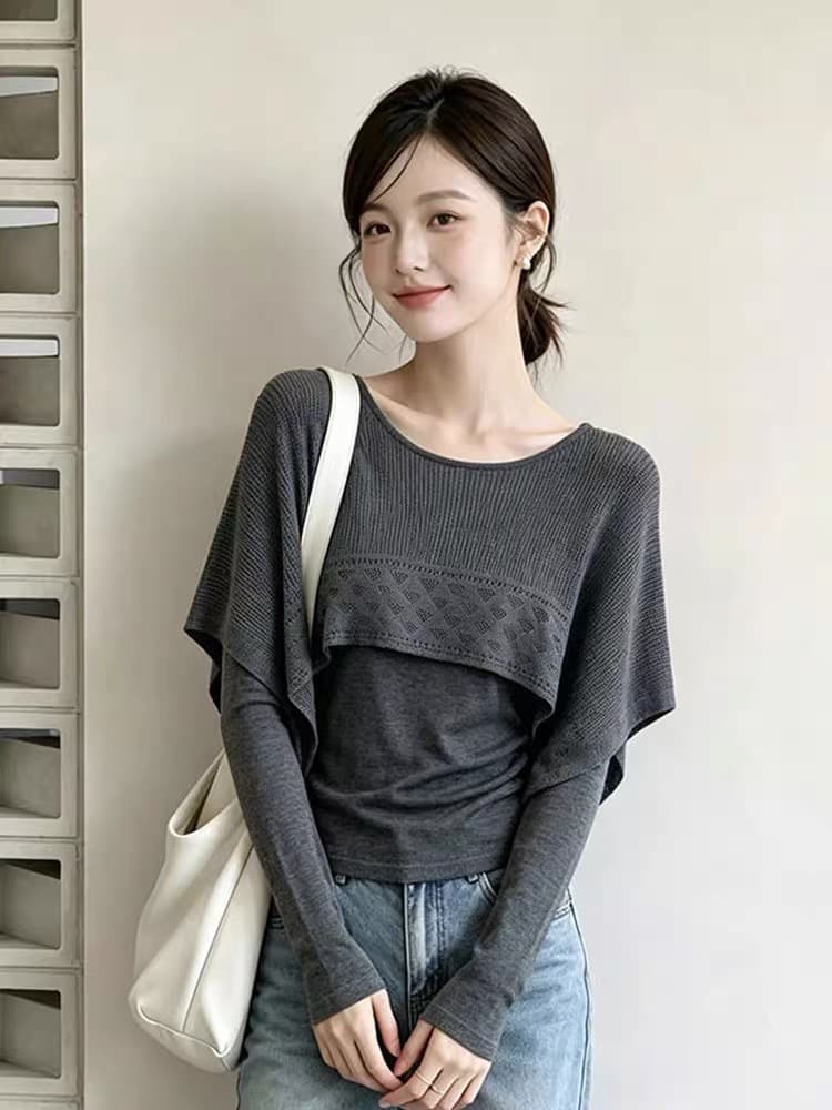 프랑스식 홀로우 아웃 프릴 라운드 넥 긴팔 니트 스웨터 여성 2026 가을 새로운 슬림해 보이는 연령 감소 페이크 레이어드 맨위 상세 이미지 6