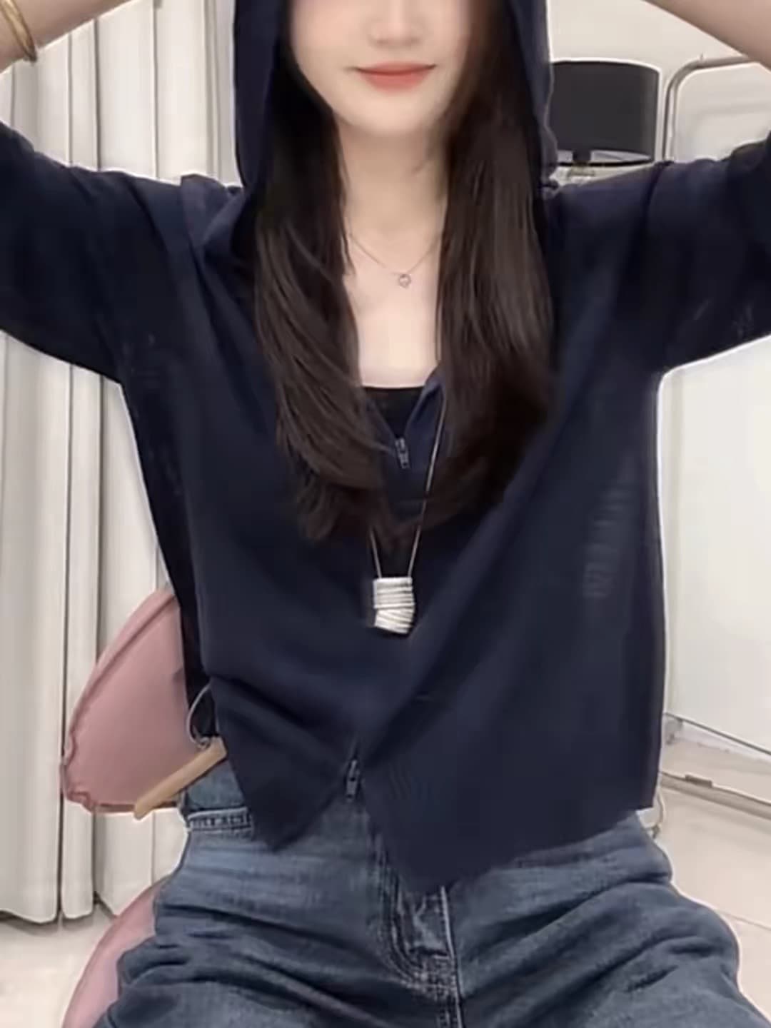 캐주얼 슬림해 보이는 연령 감소 이른 가을 새로운 해군 후드 지퍼 티셔츠 여성 다용도 쇼트 스타일 외국 가스 작은 대중 맨위 이미지 2
