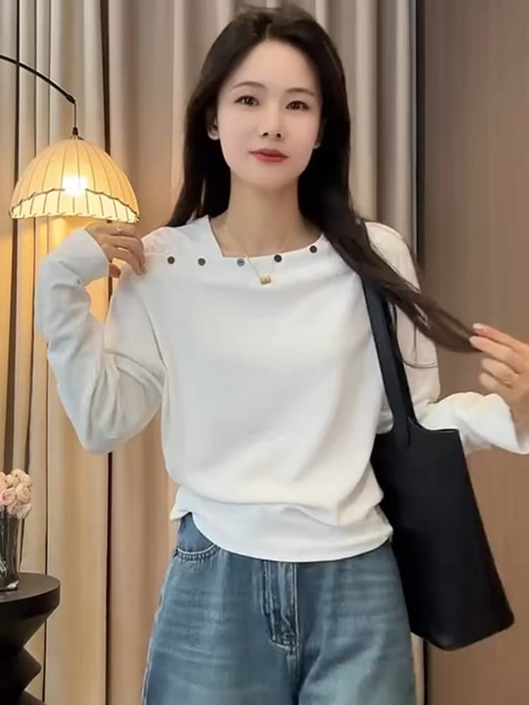 올해 인기 ~ 중 폭발 여성 의류 가을 2026 새로운 외국 가스 단추 디자인 긴팔 티셔츠 기본 셔츠 맨위 상세 이미지 6