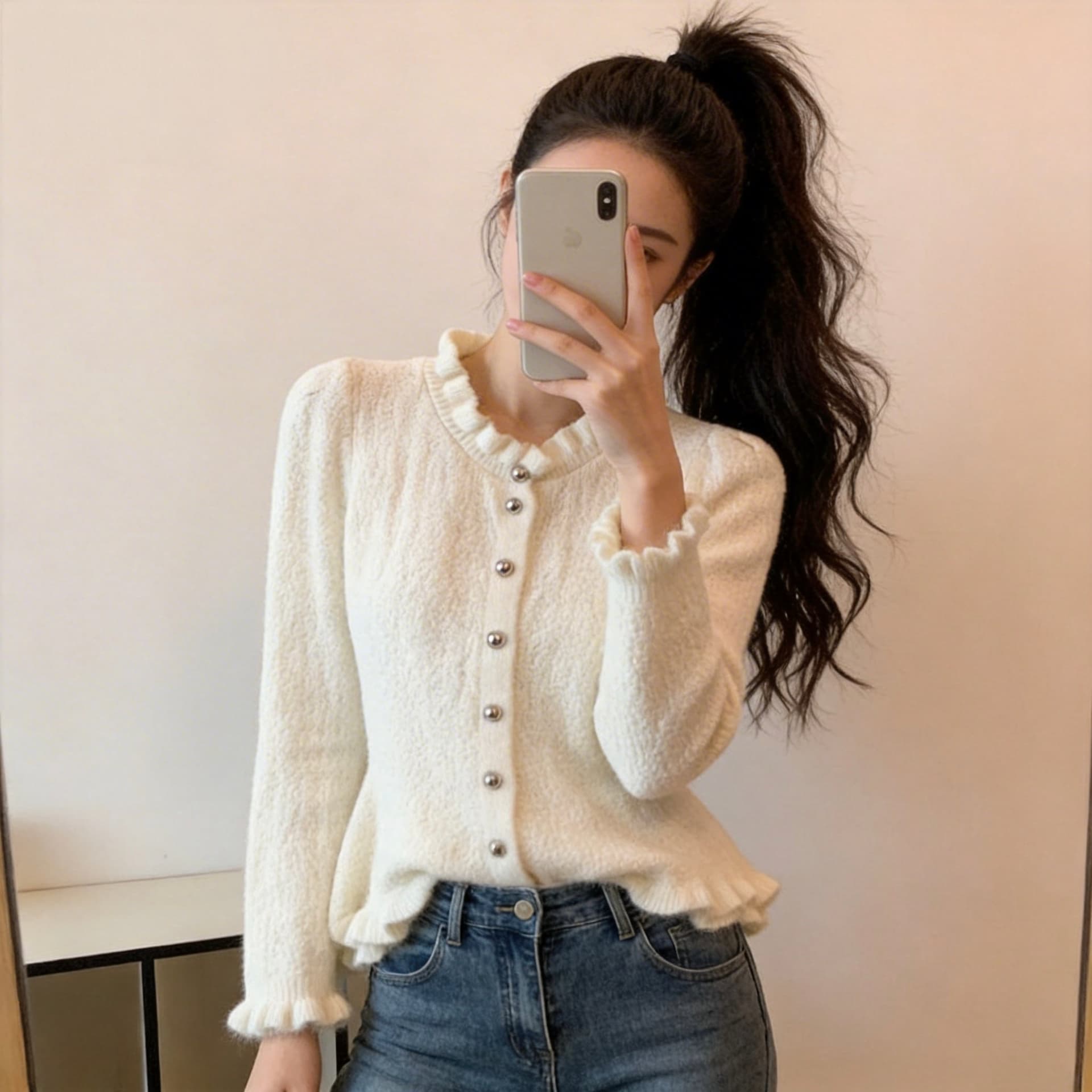실사 한 부서 작은 샤넬 스타일 단추 니트 오픈 가디건 2025 가을 겨울 새로운 프릴 허리 수축 슬림해 보이는 연령 감소 맨위 이미지 2
