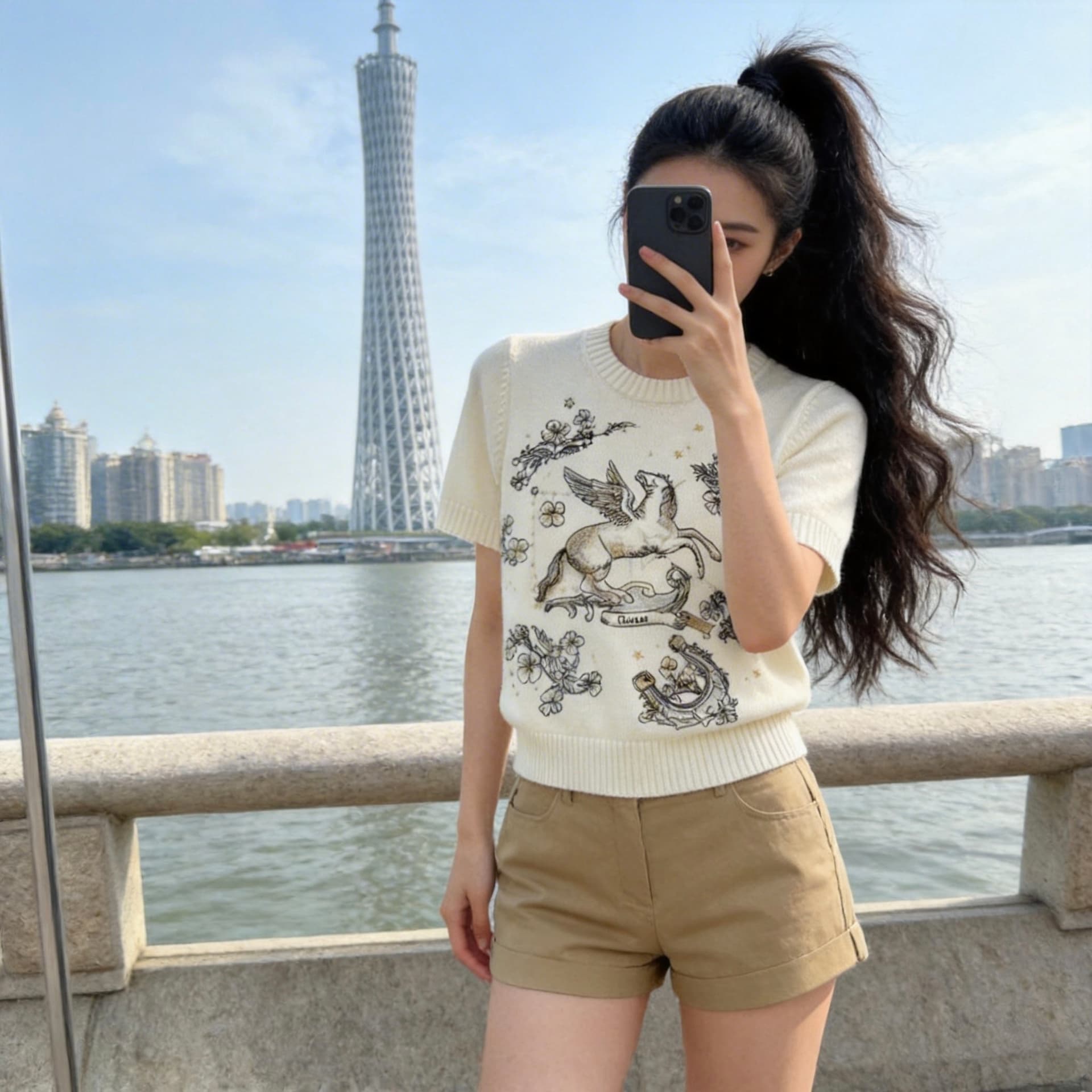 한 부서 바람 작은 말 무거운 작업 자수 반팔 티셔츠 여성 초여름 새로운 라운드 넥 슬림해 보이는 다용도 품격 니트 맨위 상세 이미지 3