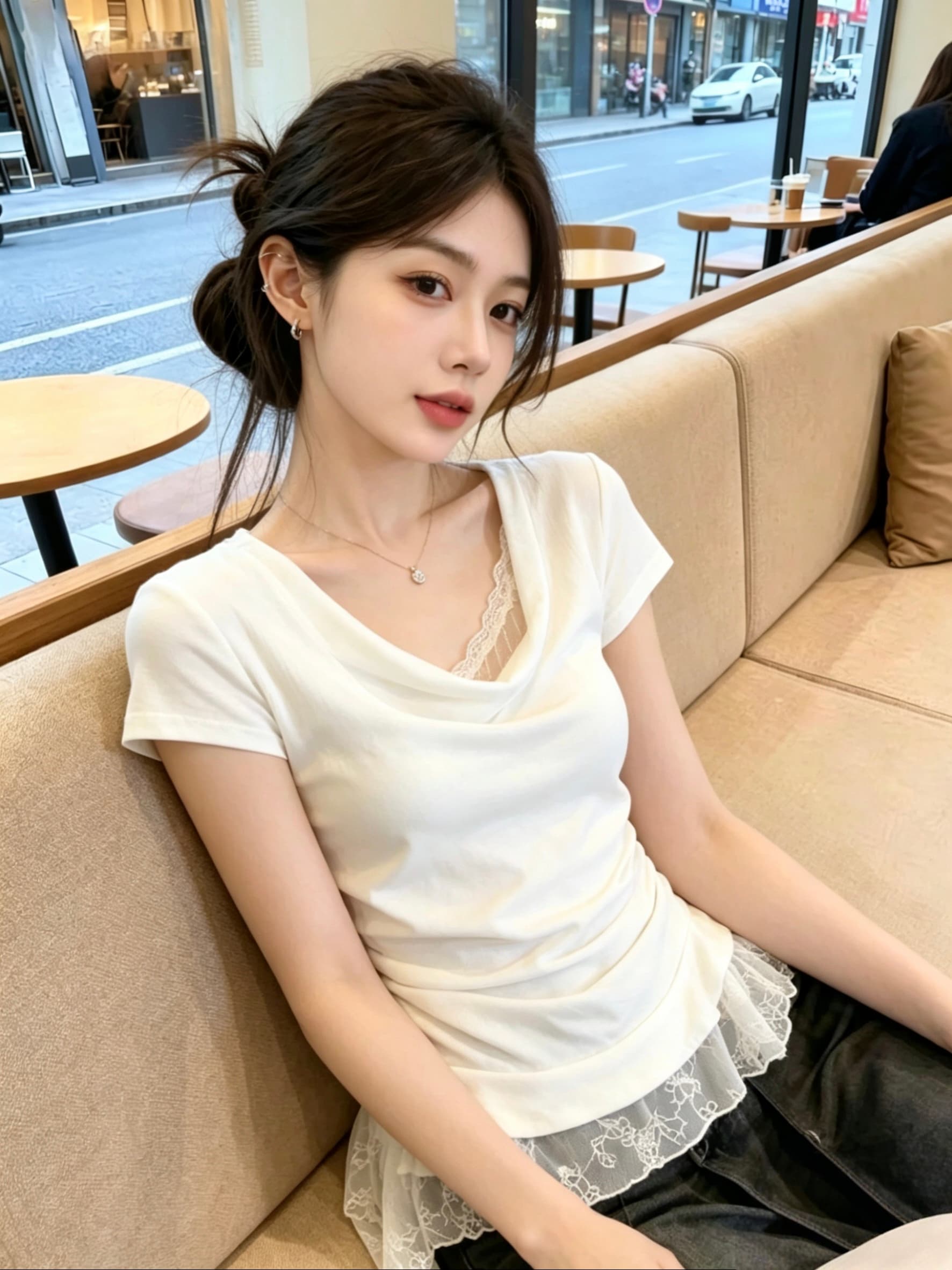 한 부서 순수한 욕망 레이스 조각 반팔 티셔츠 여성 2026 여름 새로운 고급 센스 슬림해 보이는 꼬집기 허리 랩스커트팬츠 맨위 이미지 4
