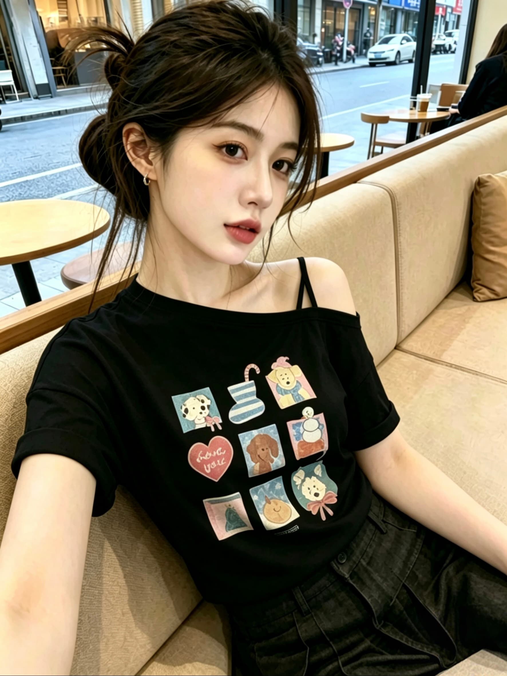 한 부서 검정색 만화 프린트 비스듬한 어깨 슬립 반팔 티셔츠 여성 디자인 센스 작은 대중 다용도 맨위 여름 이미지 2