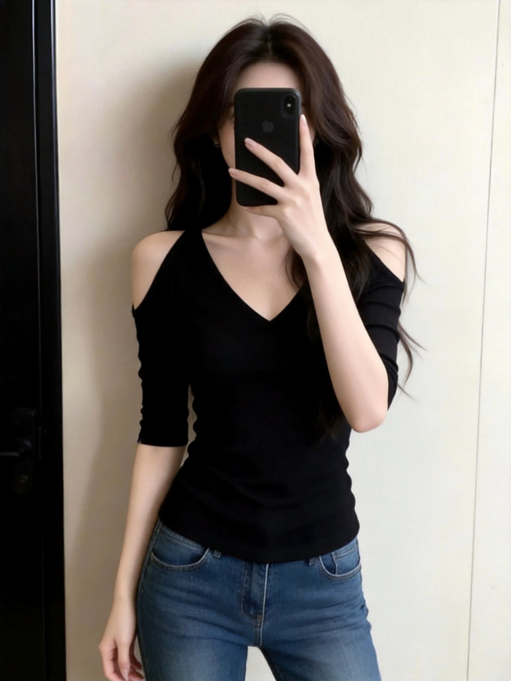 핫걸 허리 수축 검정색 오프숄더 V넥 반소매 티셔츠 여성 여름 Chic 쇼트 스타일 몸매 가꾸기 작은 키 5 점 소매 맨위 상세 이미지 3