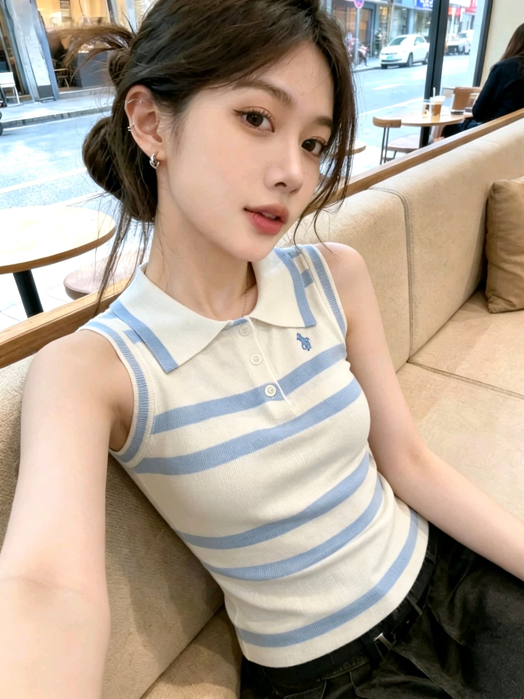 파란색 스트라이프 자수 학원 스타일 니트 조끼 여성 여름 2026 새로운 패션 몸매 가꾸기 슬림해 보이는 민소매 맨위