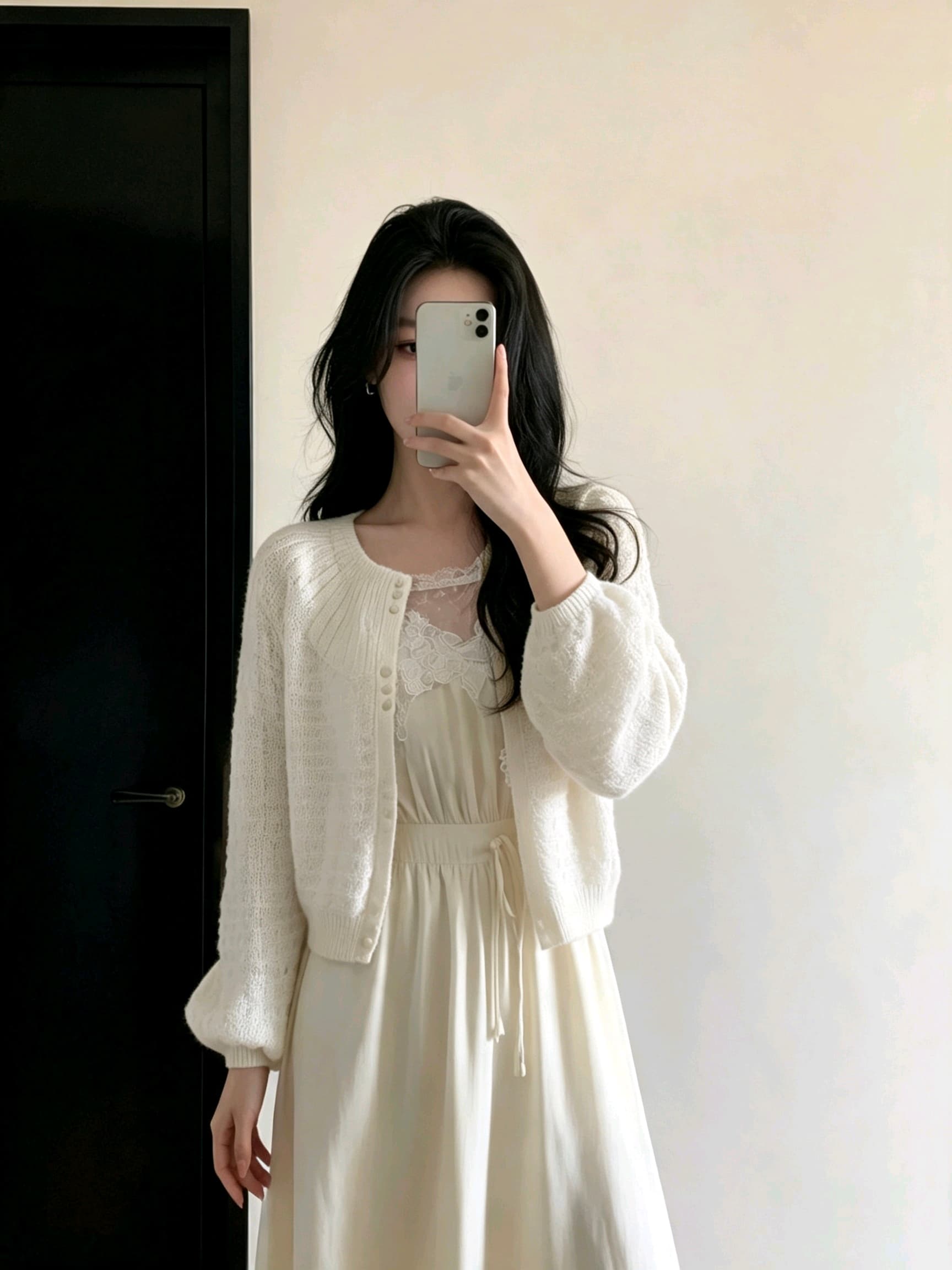 2026 새로운 프랑스식 낭만주의 루즈핏 느긋한 라운드 넥 벌룬 소매 홀로우 아웃 오픈 가디건 상세 이미지 2